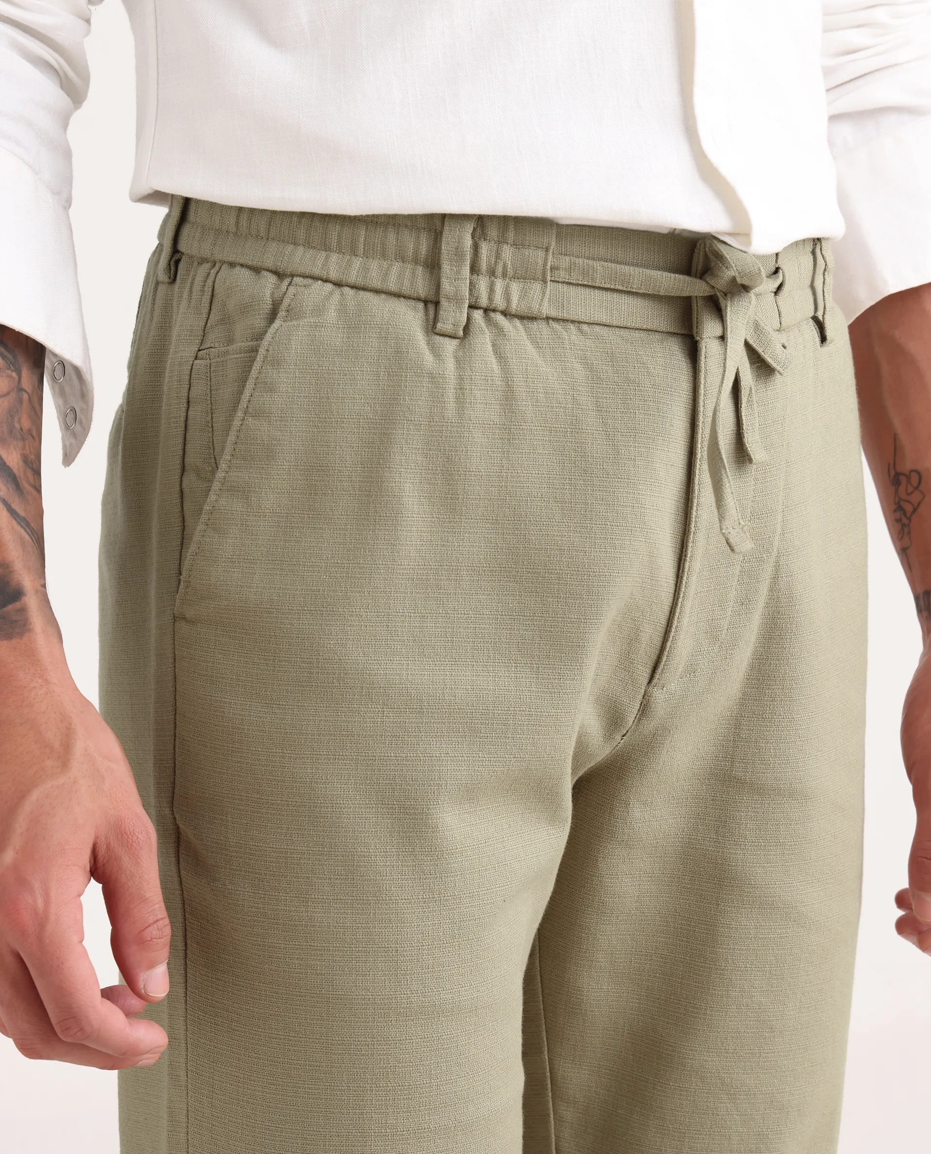 Rare Rabbit Men's Oros Light Olive Cotton Blend Fabric Regular Fit Plain Trouser - Image 3