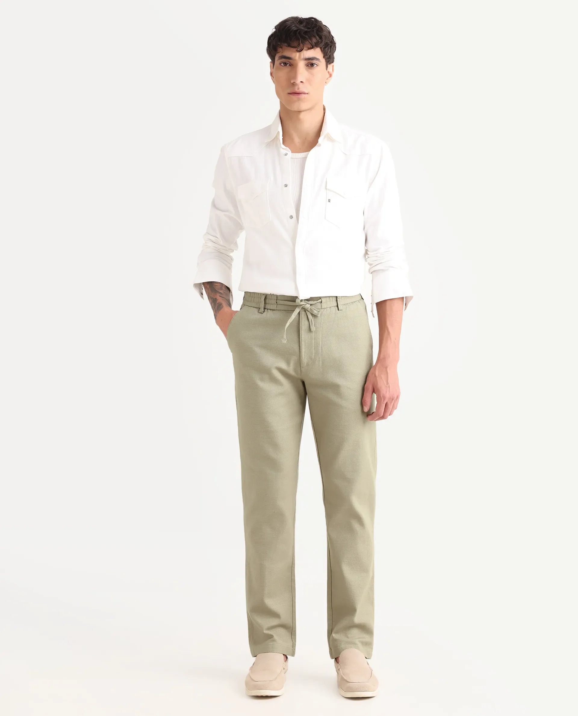 Rare Rabbit Men's Oros Light Olive Cotton Blend Fabric Regular Fit Plain Trouser - Image 4