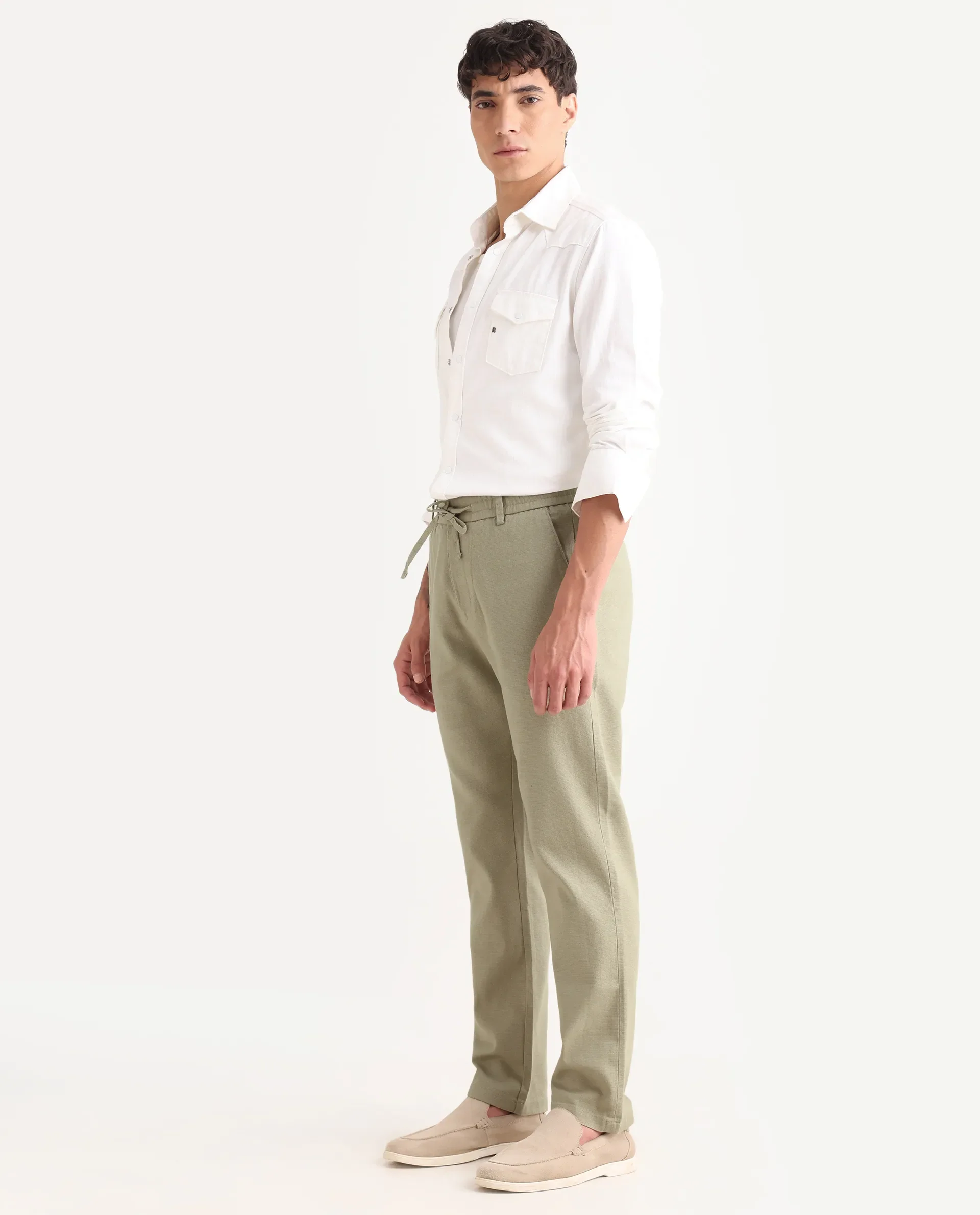Rare Rabbit Men's Oros Light Olive Cotton Blend Fabric Regular Fit Plain Trouser - Image 5
