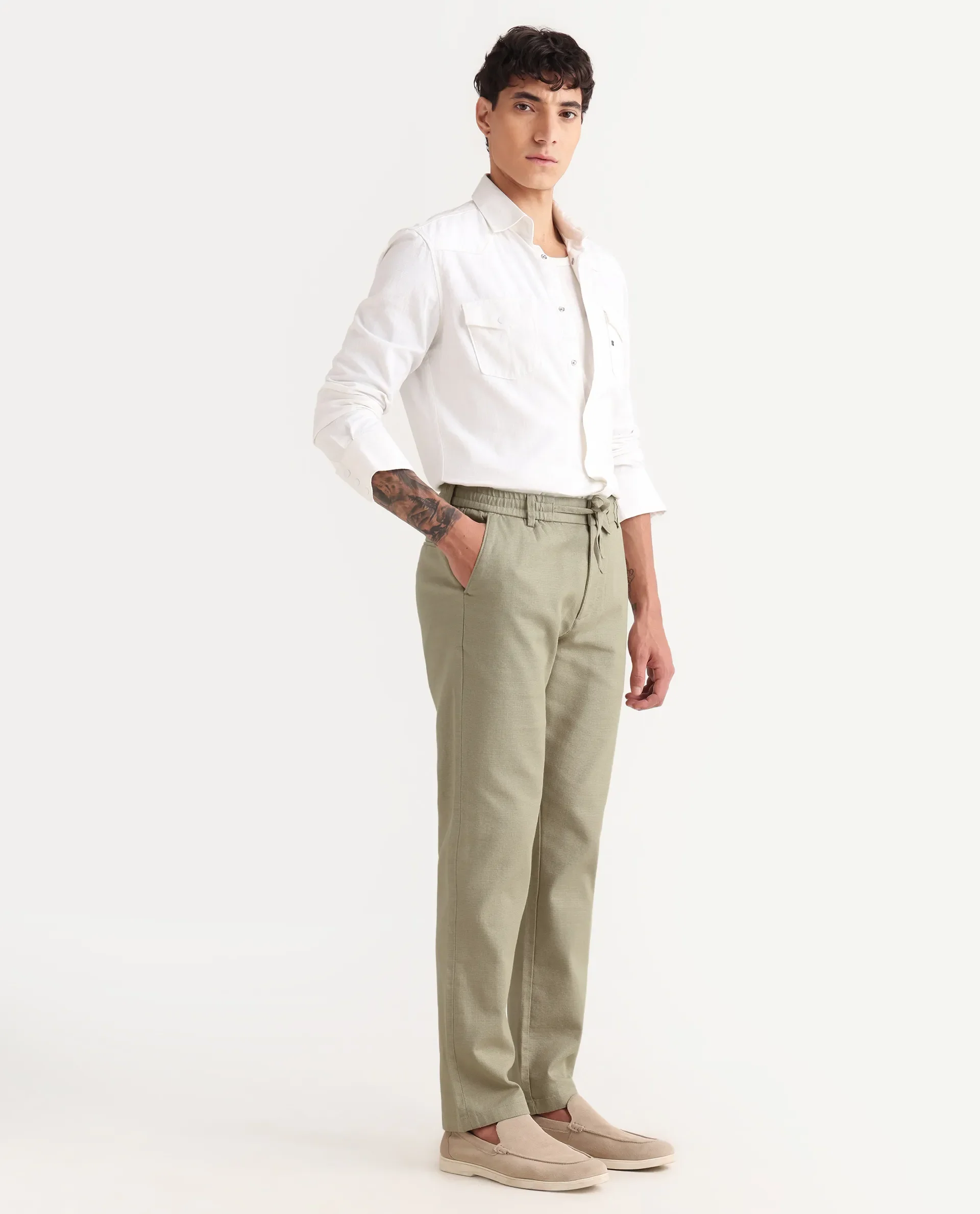 Rare Rabbit Men's Oros Light Olive Cotton Blend Fabric Regular Fit Plain Trouser - Image 6