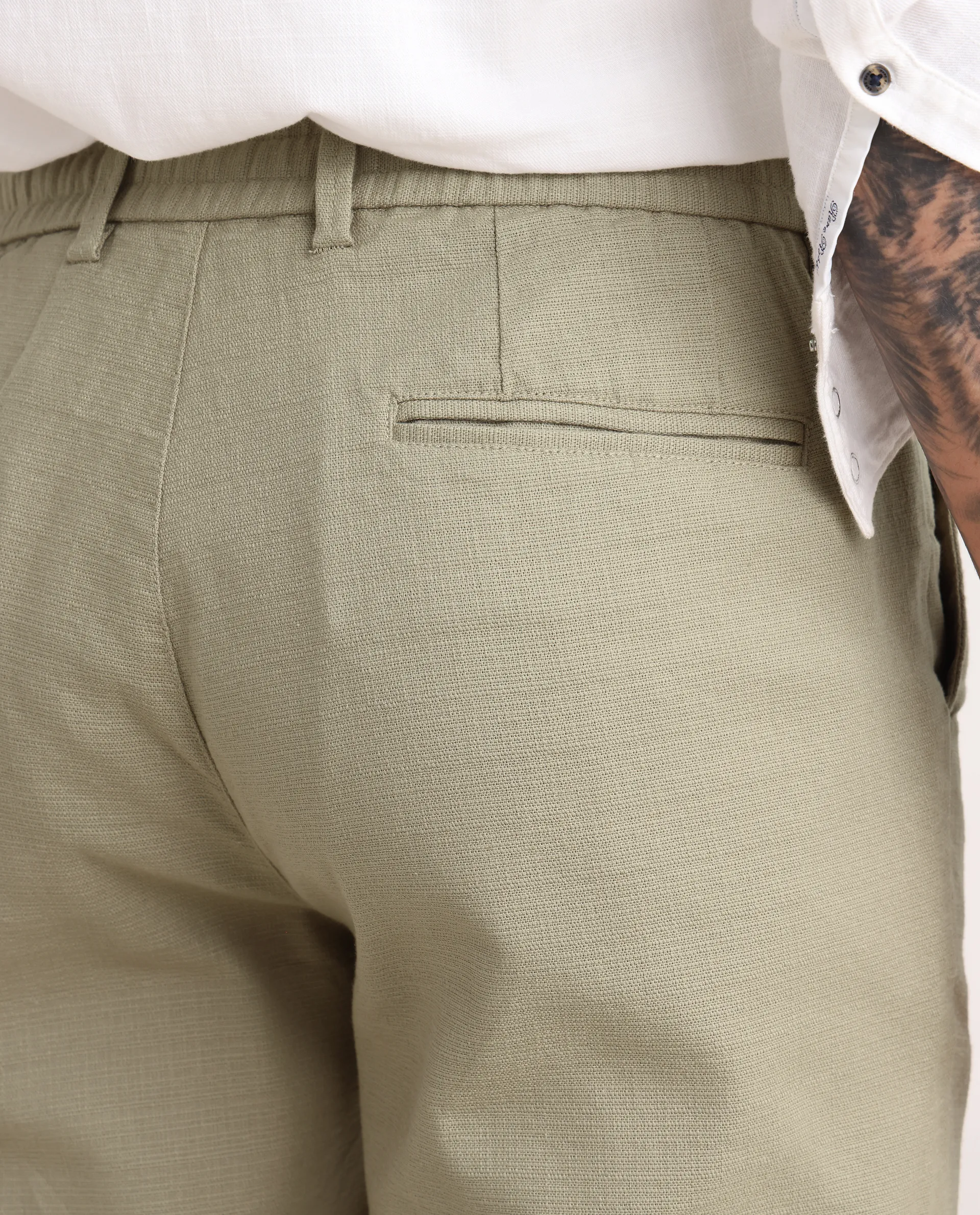 Rare Rabbit Men's Oros Light Olive Cotton Blend Fabric Regular Fit Plain Trouser - Image 7