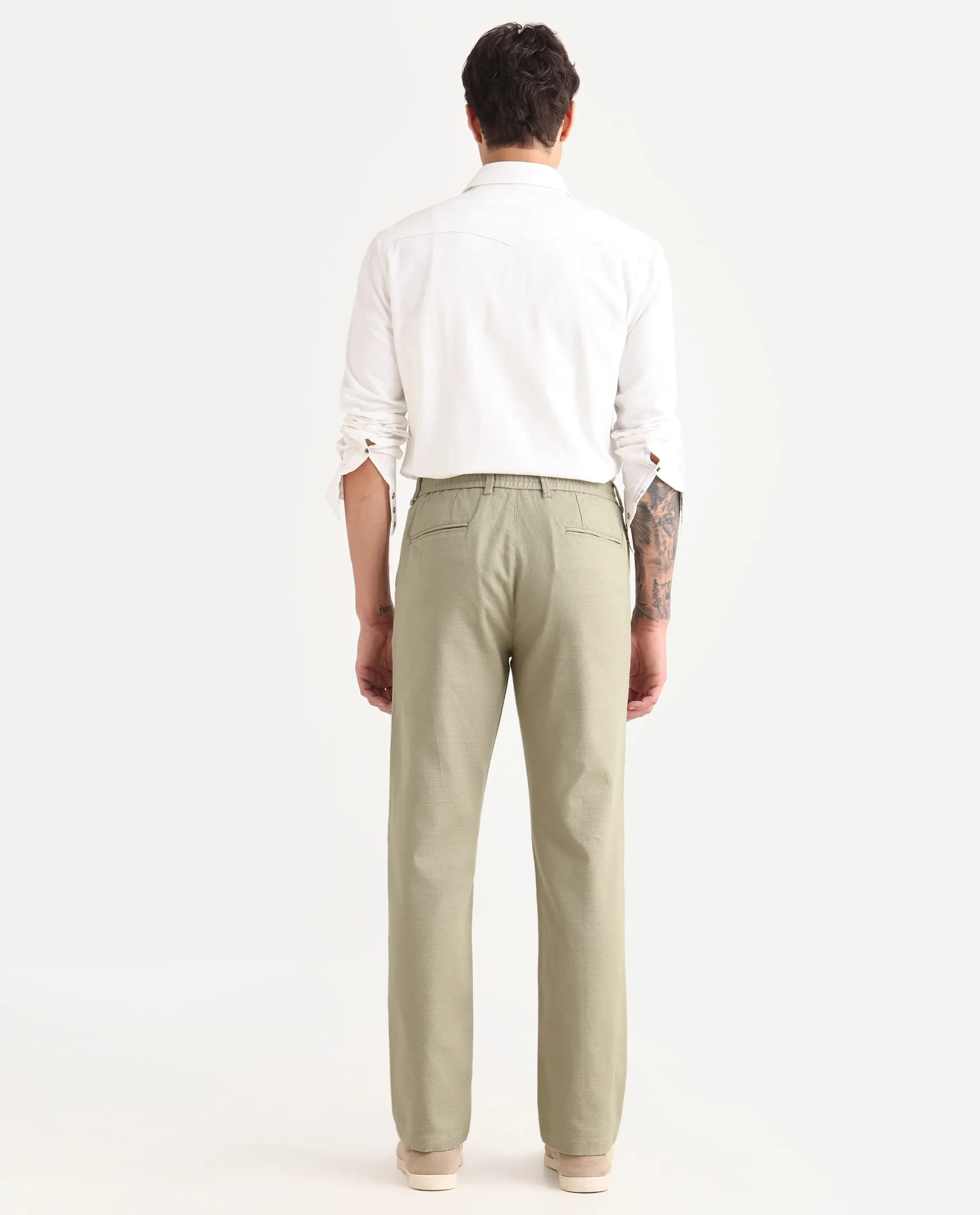 Rare Rabbit Men's Oros Light Olive Cotton Blend Fabric Regular Fit Plain Trouser - Image 8