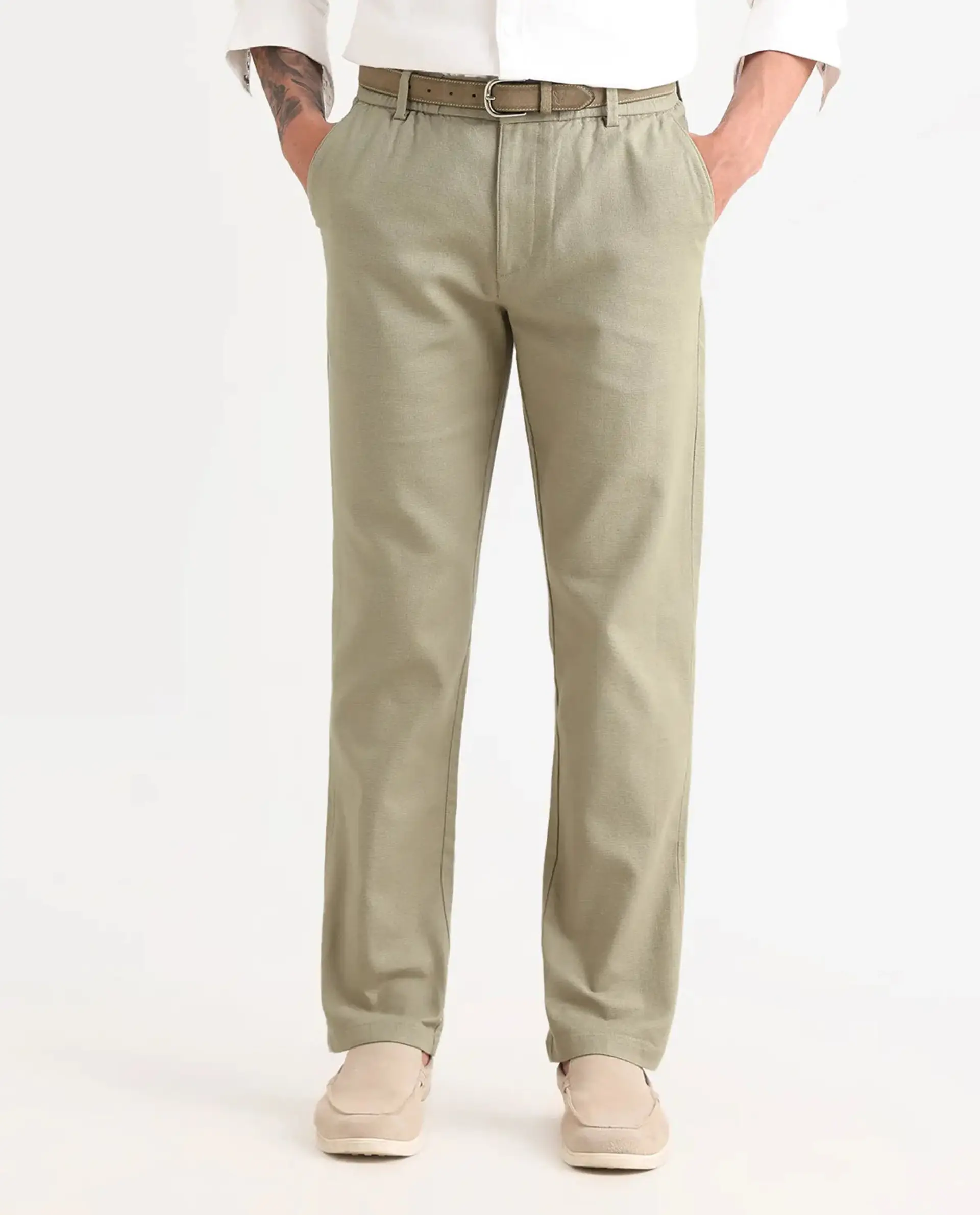 Rare Rabbit Men's Oros Light Olive Cotton Blend Fabric Regular Fit Plain Trouser - Image 9