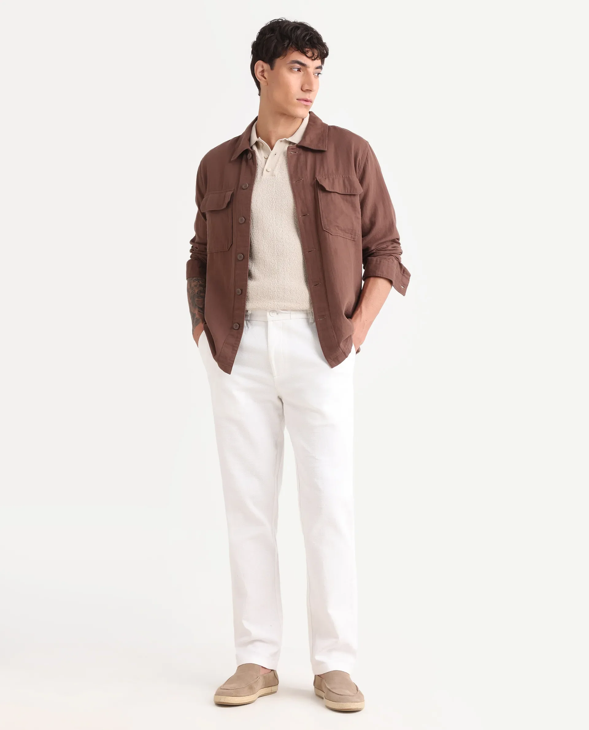 Rare Rabbit Men's Oros White Cotton Blend Fabric Regular Fit Plain Trouser