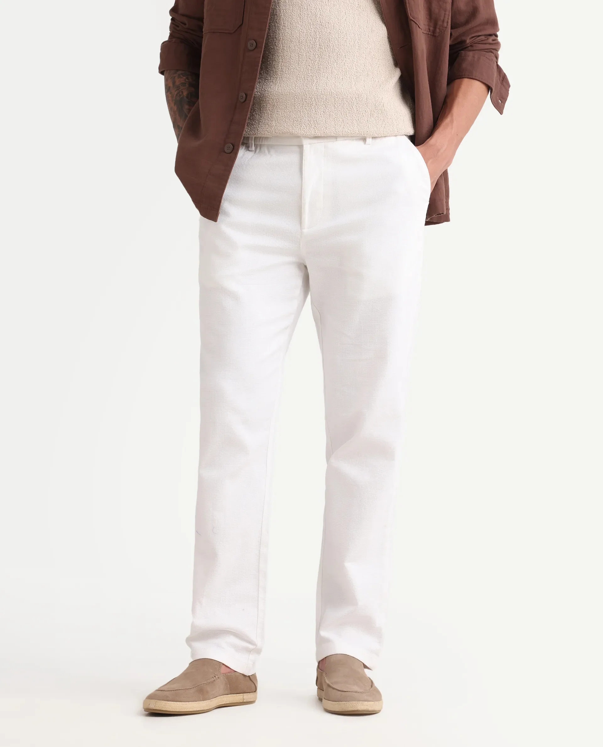 Rare Rabbit Men's Oros White Cotton Blend Fabric Regular Fit Plain Trouser - Image 2