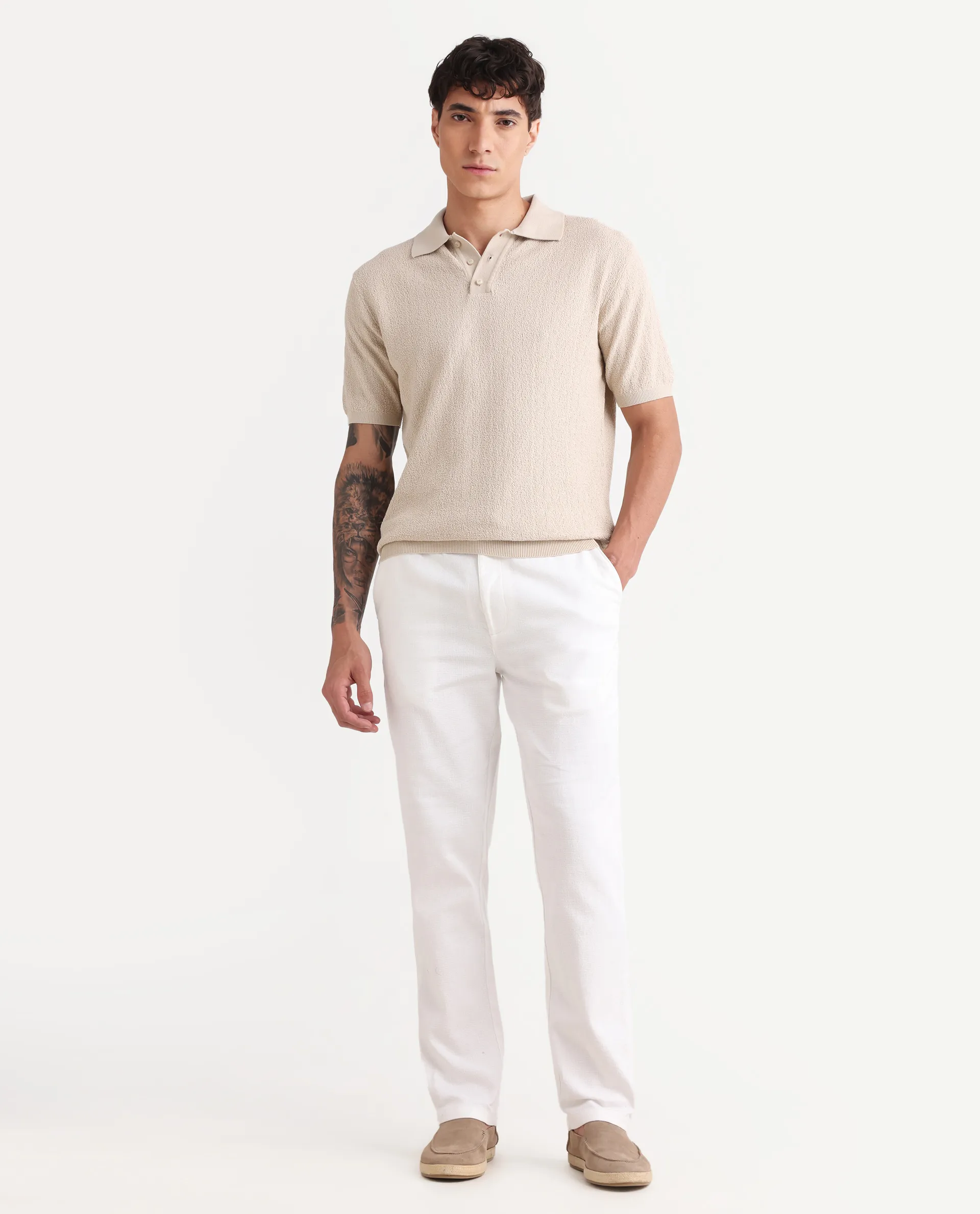 Rare Rabbit Men's Oros White Cotton Blend Fabric Regular Fit Plain Trouser - Image 4