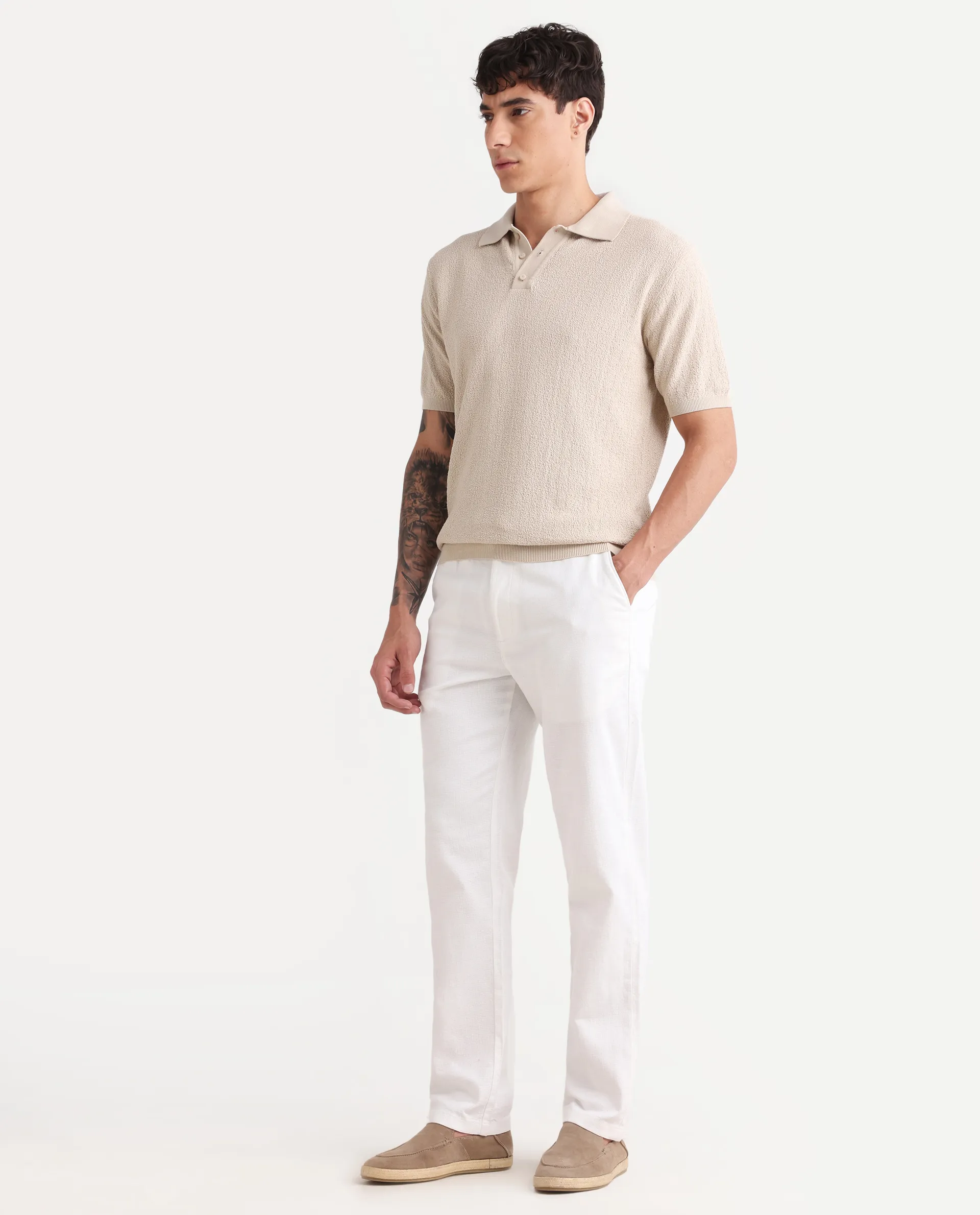 Rare Rabbit Men's Oros White Cotton Blend Fabric Regular Fit Plain Trouser - Image 5