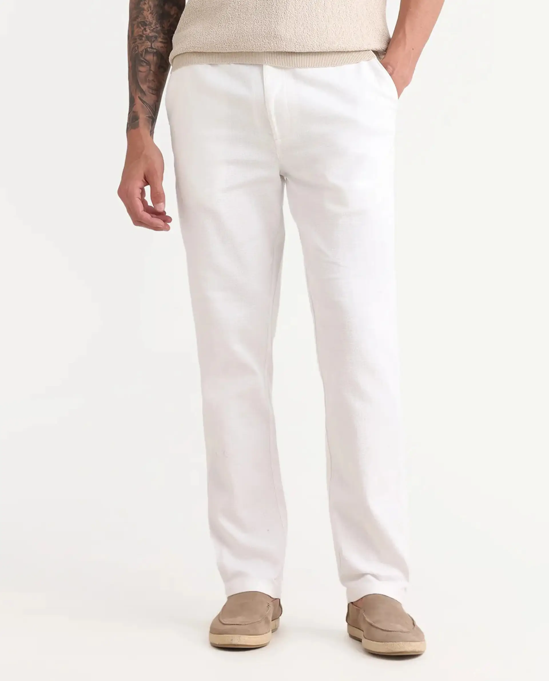 Rare Rabbit Men's Oros White Cotton Blend Fabric Regular Fit Plain Trouser - Image 9