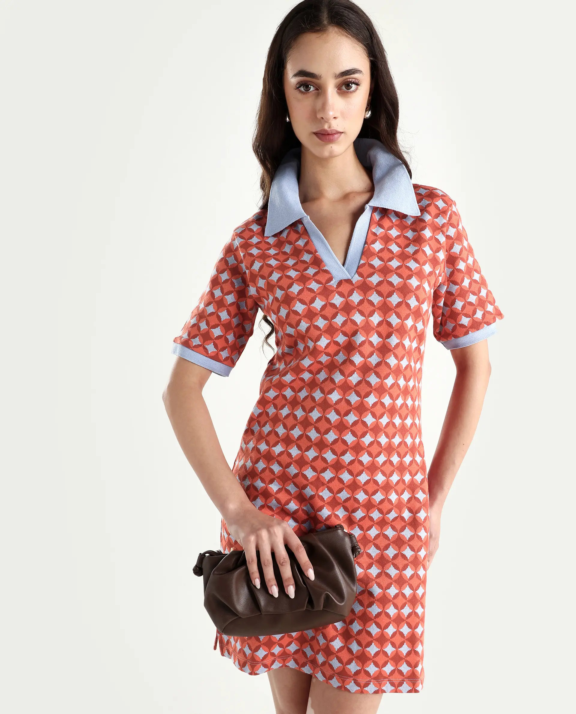 Rareism Women's Orri Multi Cotton Ribbed Collar Geometric Print Midi Relaxed Fit Dress