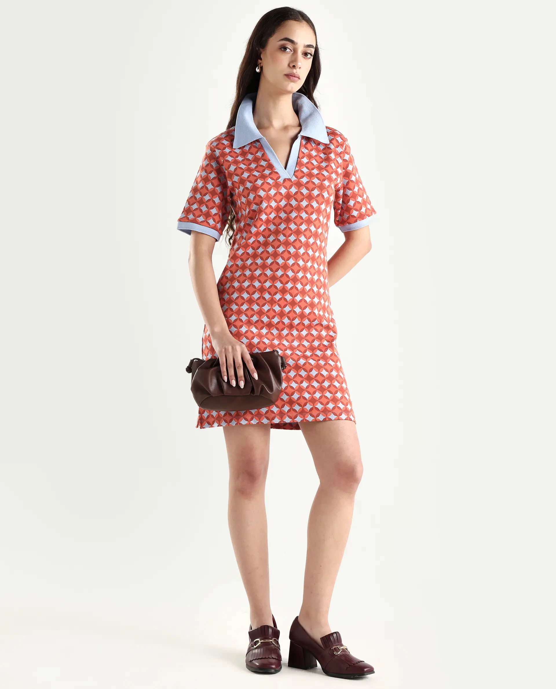 Rareism Women's Orri Multi Cotton Ribbed Collar Geometric Print Midi Relaxed Fit Dress - Image 2