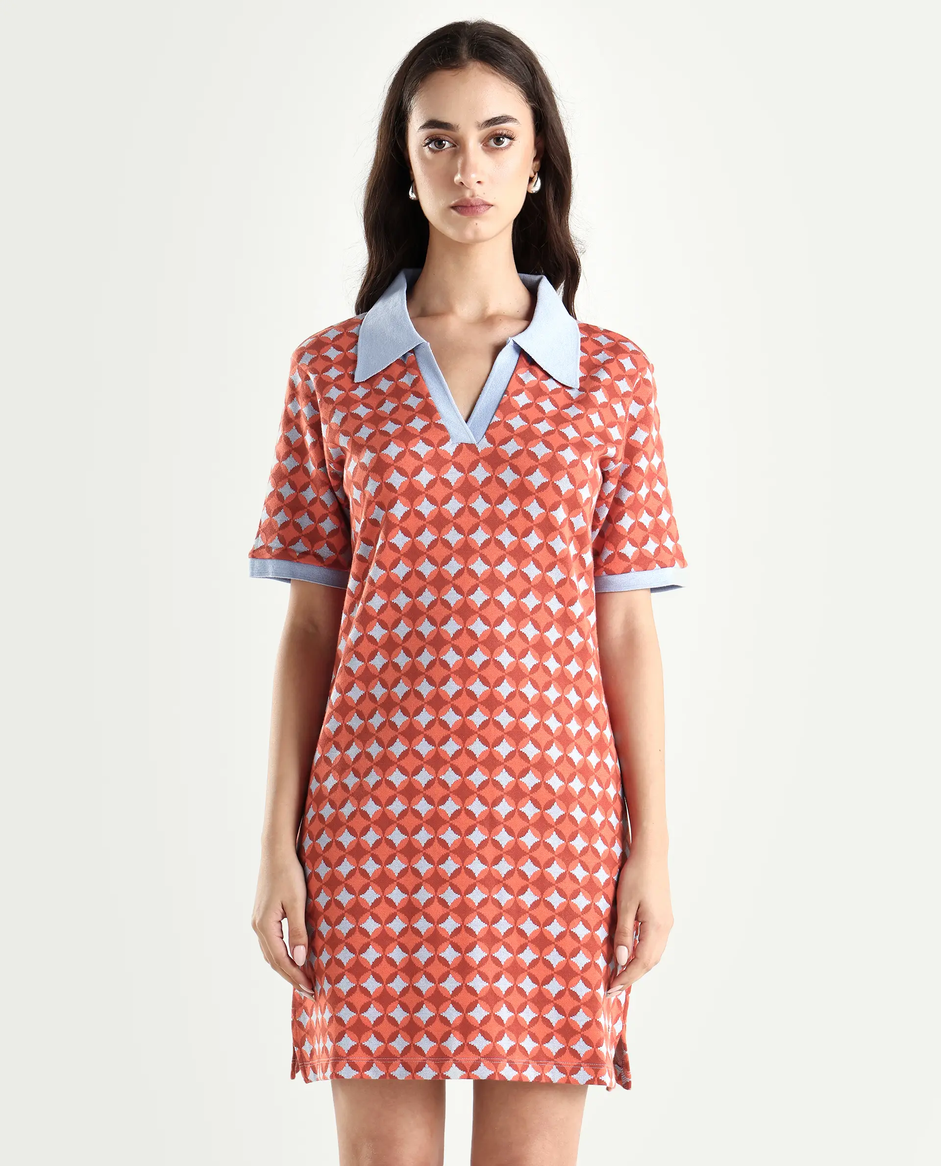 Rareism Women's Orri Multi Cotton Ribbed Collar Geometric Print Midi Relaxed Fit Dress - Image 3