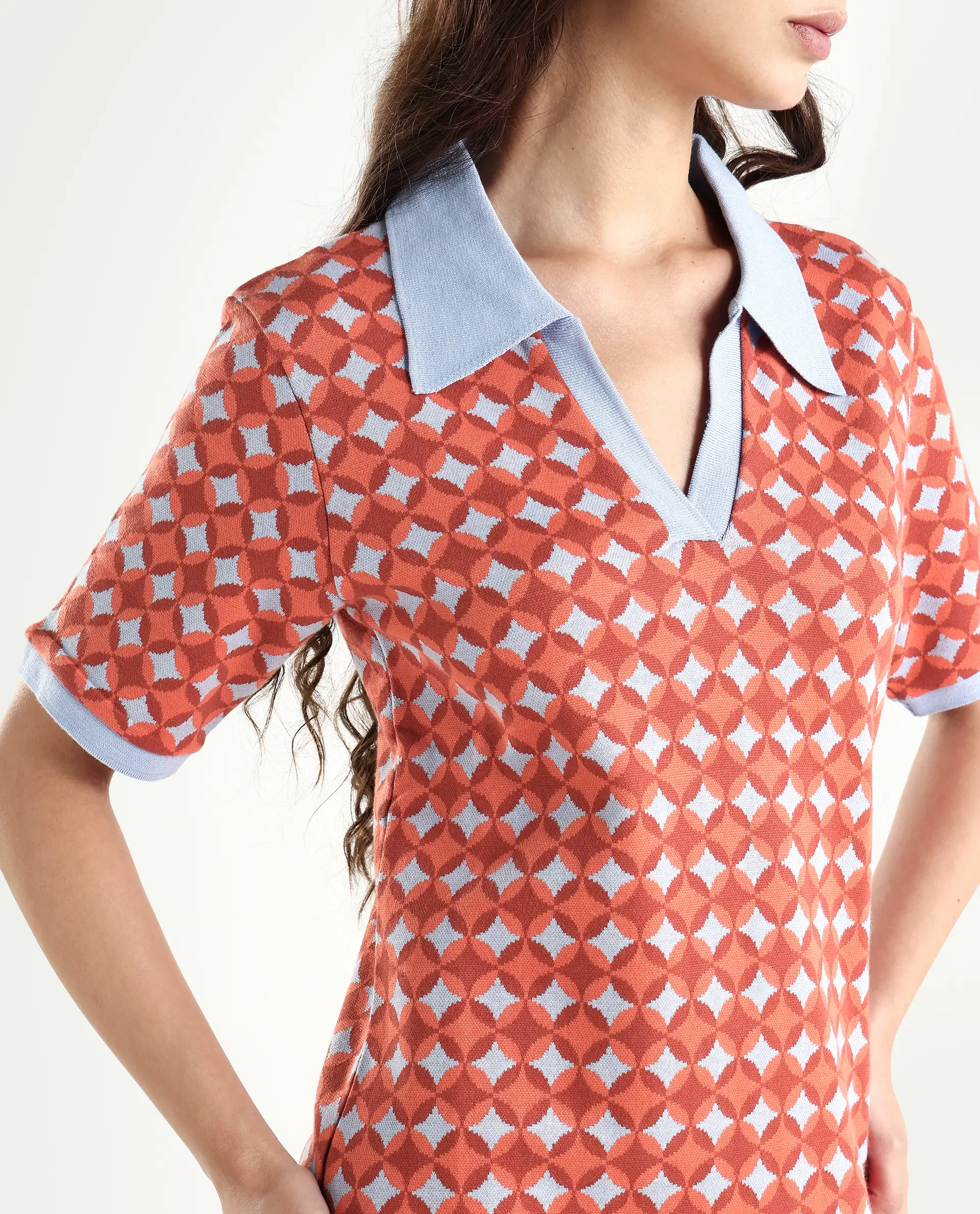 Rareism Women's Orri Multi Cotton Ribbed Collar Geometric Print Midi Relaxed Fit Dress - Image 4