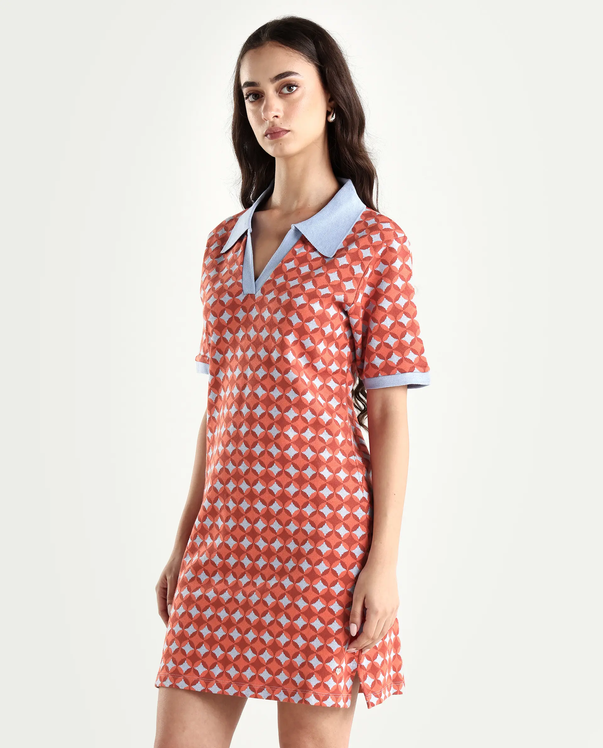 Rareism Women's Orri Multi Cotton Ribbed Collar Geometric Print Midi Relaxed Fit Dress - Image 5