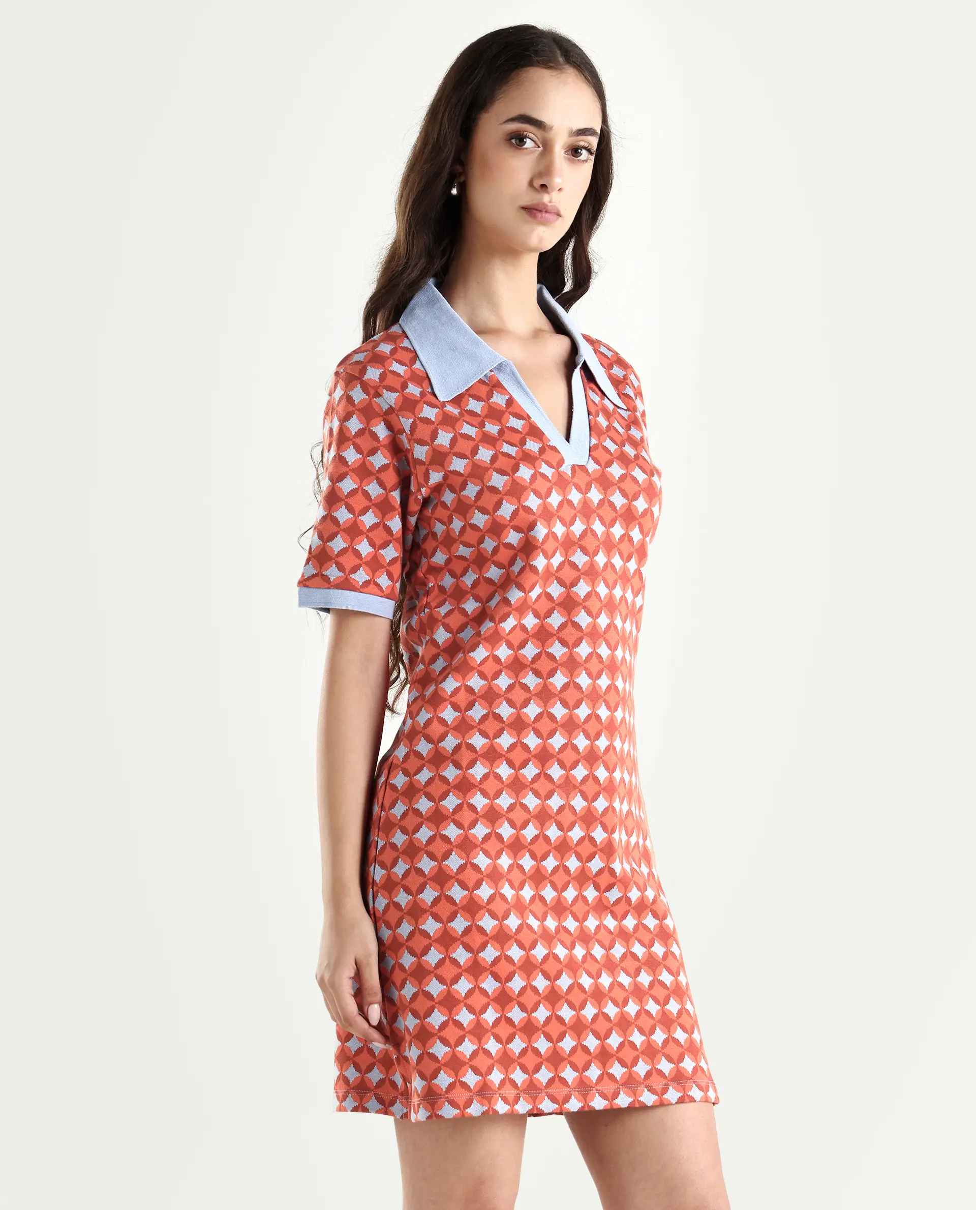 Rareism Women's Orri Multi Cotton Ribbed Collar Geometric Print Midi Relaxed Fit Dress - Image 6
