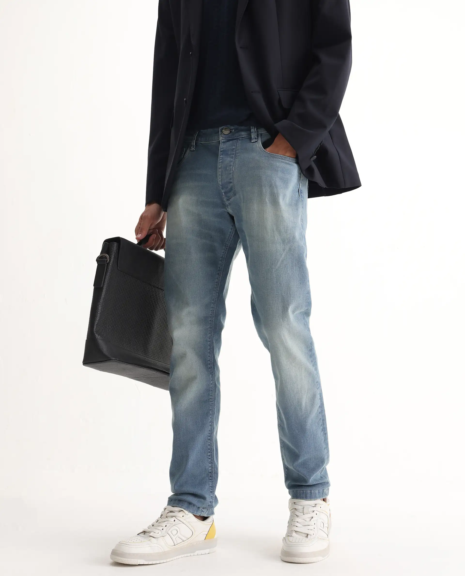 Rare Rabbit Men's Orsica Fluorescent Blue Cotton Plain Hawk Slim Fit Jeans - Image 2