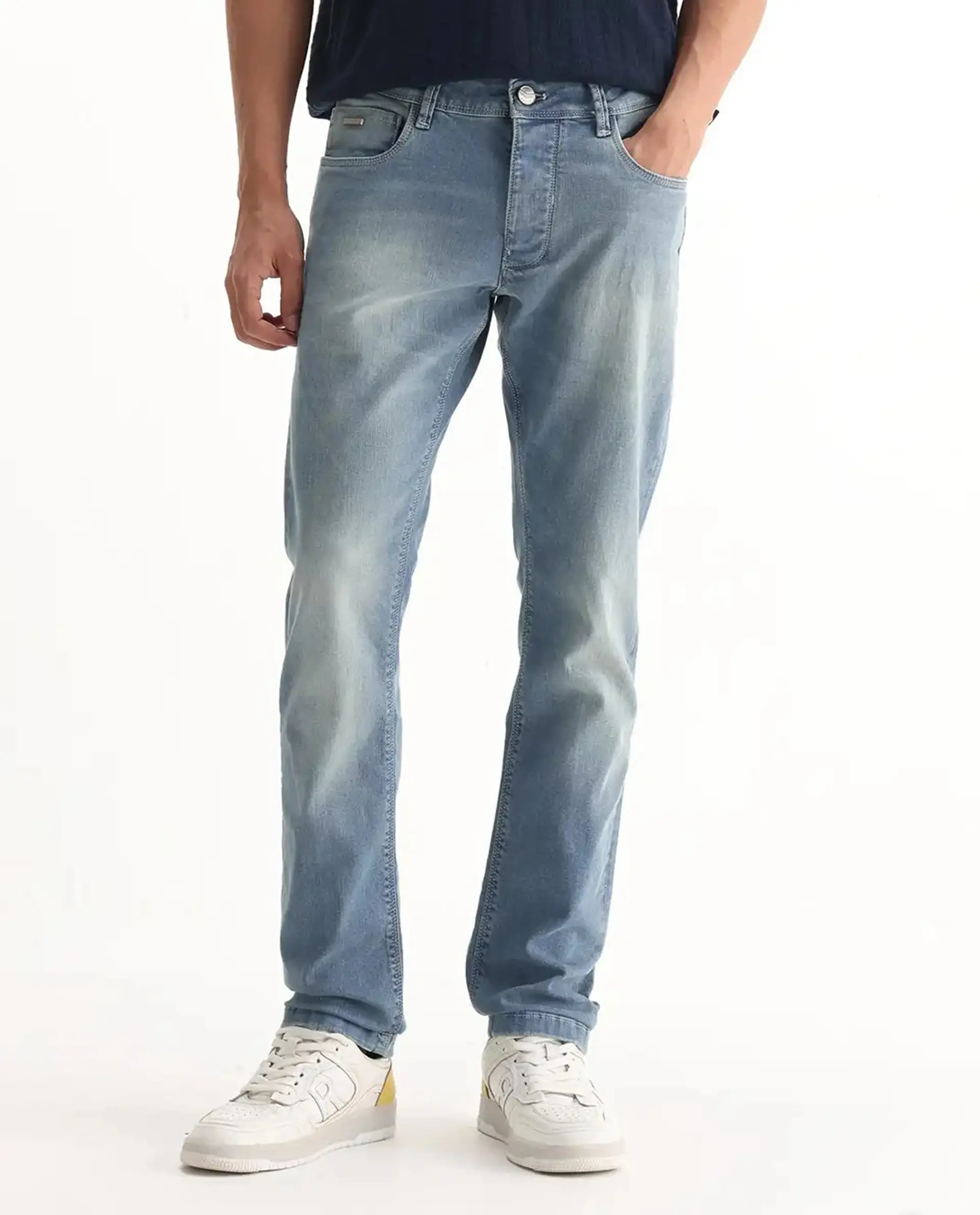 Rare Rabbit Men's Orsica Fluorescent Blue Cotton Plain Hawk Slim Fit Jeans - Image 9