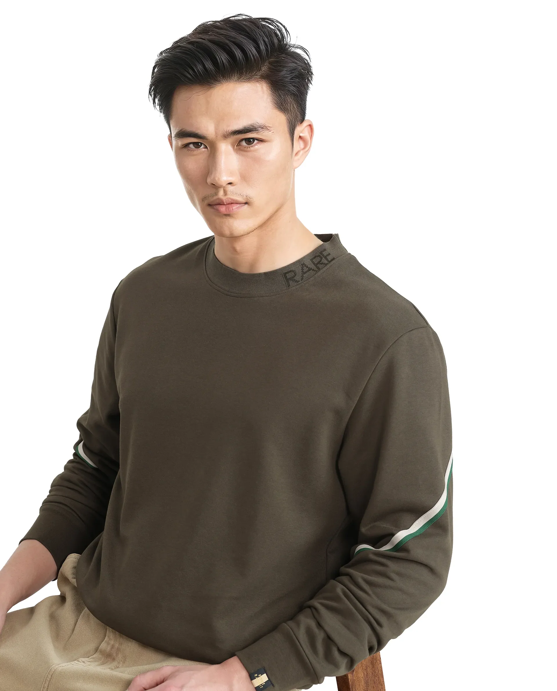 Rare Rabbit Men's Orso Olive Cotton Printed Regular Fit Full Sleeve High Neck Sweatshirt