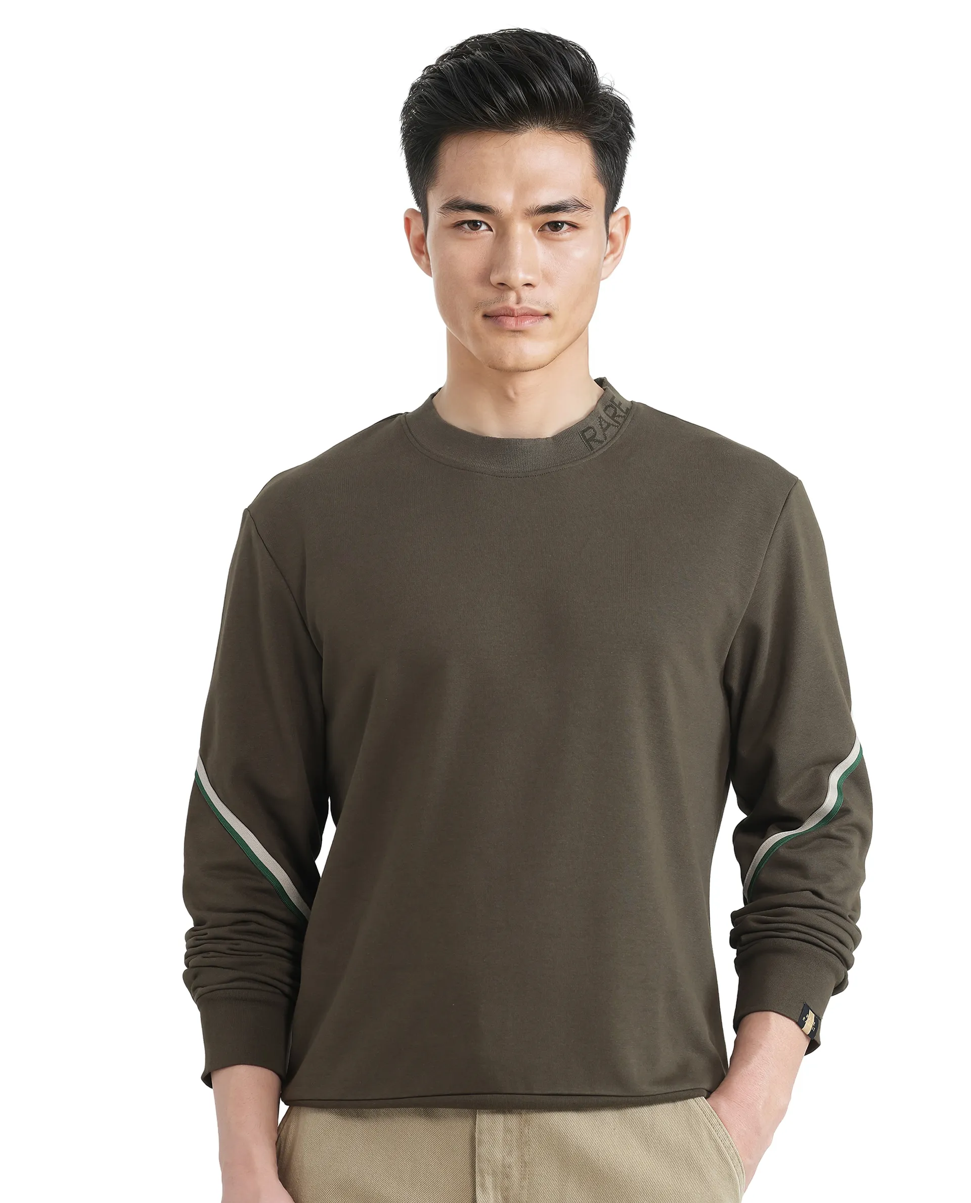 Rare Rabbit Men's Orso Olive Cotton Printed Regular Fit Full Sleeve High Neck Sweatshirt - Image 7