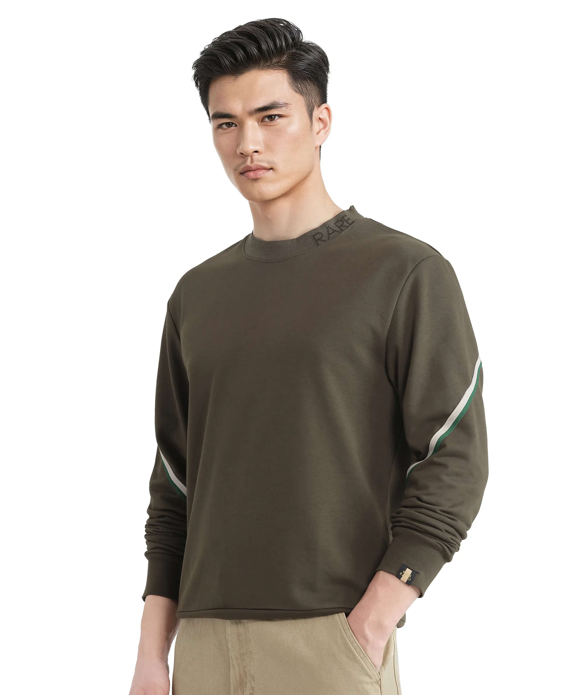 Rare Rabbit Men's Orso Olive Cotton Printed Regular Fit Full Sleeve High Neck Sweatshirt - Image 8