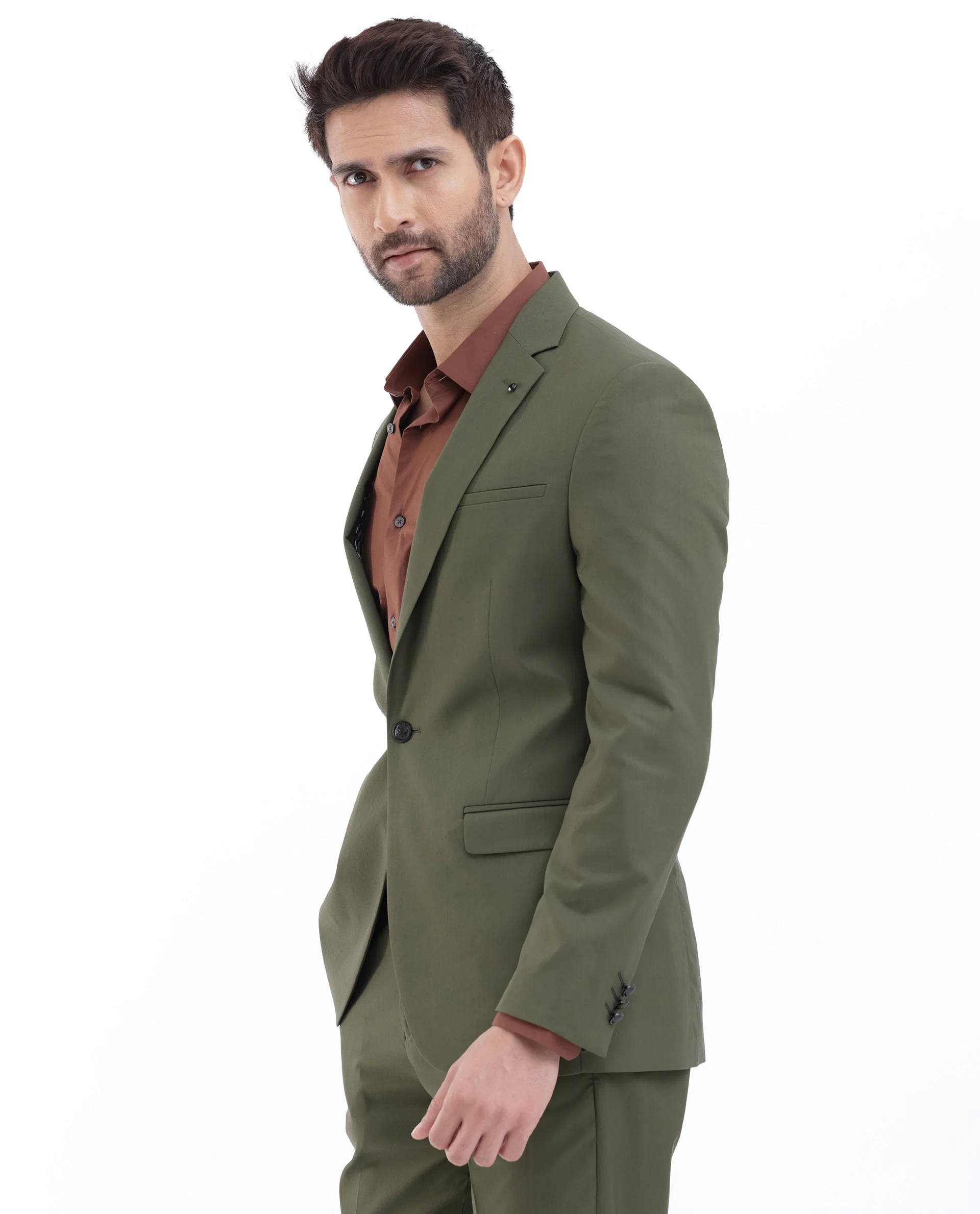 Rare Rabbit Men's Oscar Dark Olive Polyester Plain Tailored Fit Full Sleeve Lapel Neck Suits - Image 14