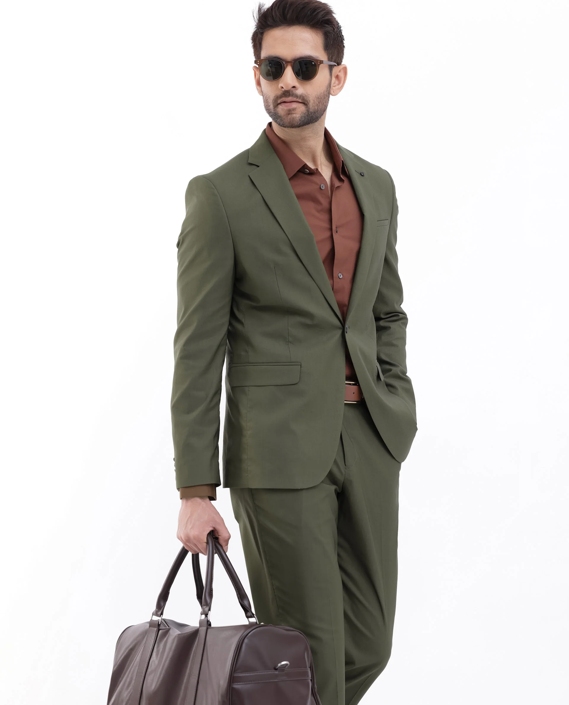 Rare Rabbit Men's Oscar Dark Olive Polyester Plain Tailored Fit Full Sleeve Lapel Neck Suits - Image 2