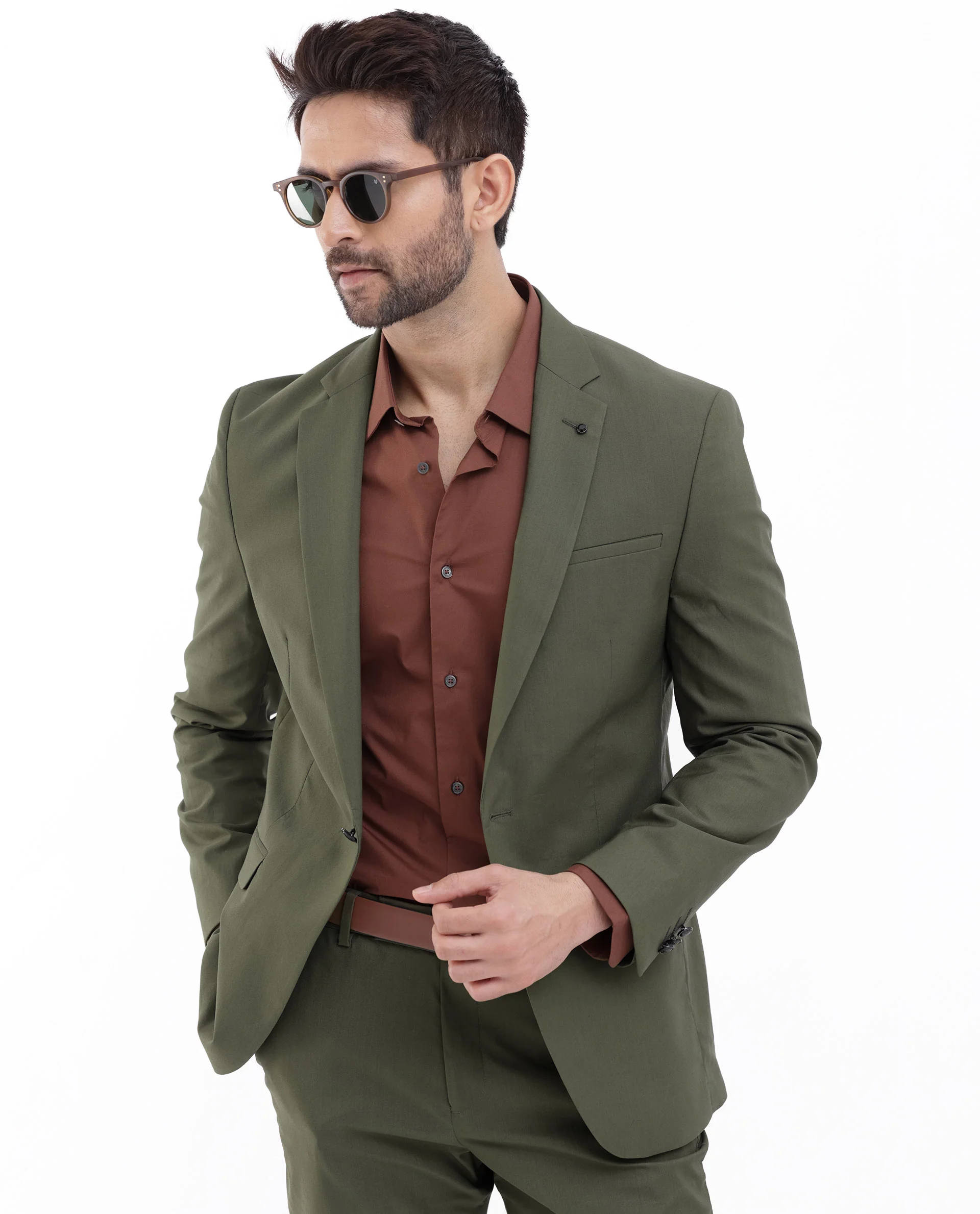 Rare Rabbit Men's Oscar Dark Olive Polyester Plain Tailored Fit Full Sleeve Lapel Neck Suits - Image 3