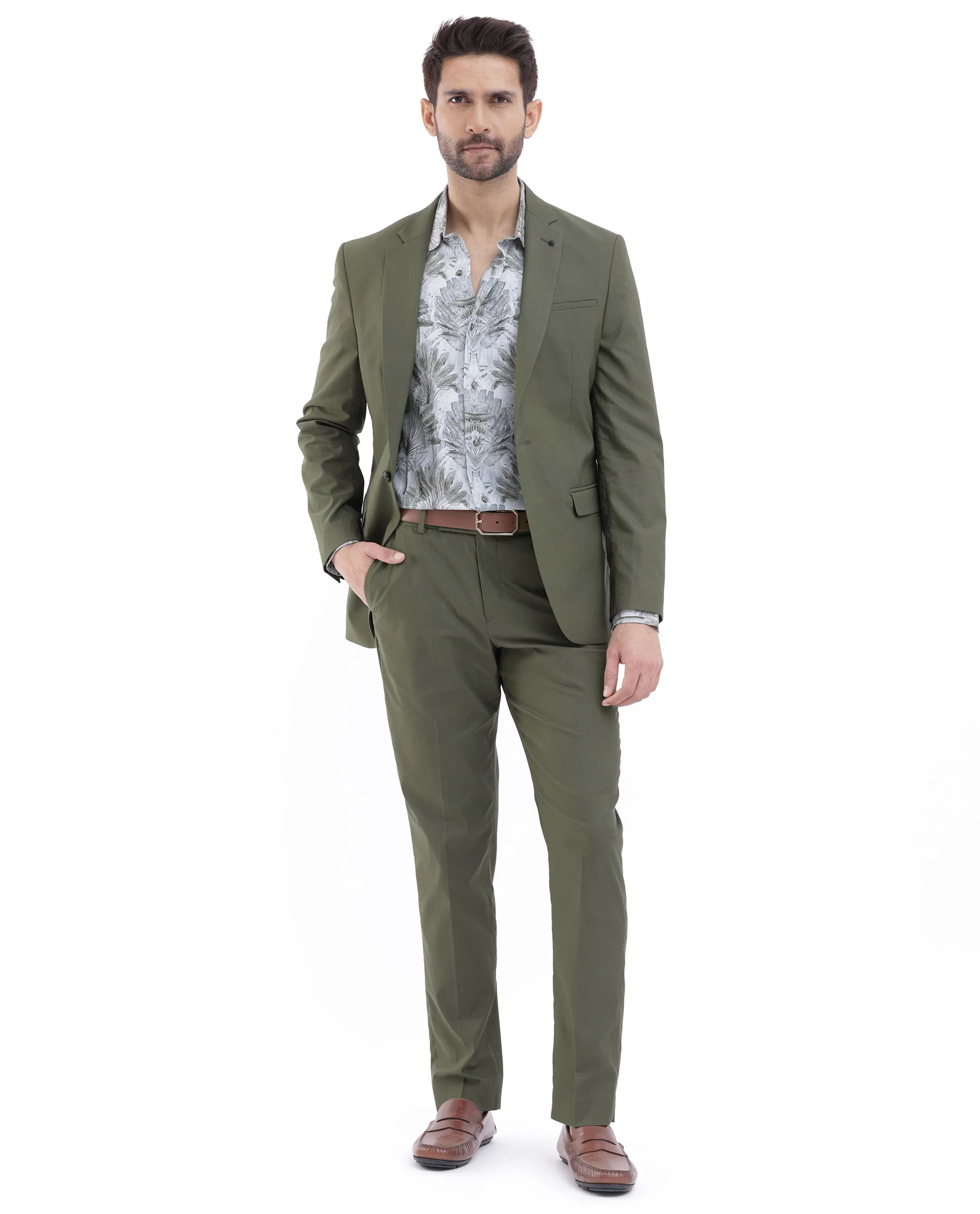 Rare Rabbit Men's Oscar Dark Olive Polyester Plain Tailored Fit Full Sleeve Lapel Neck Suits - Image 5