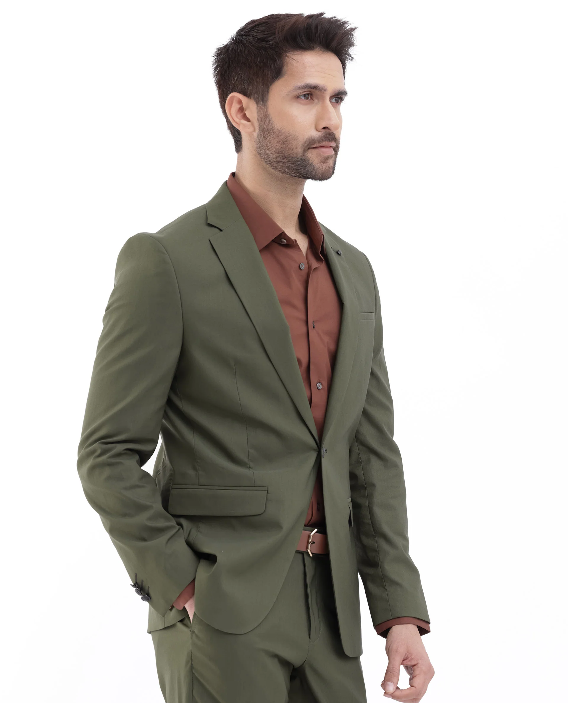 Rare Rabbit Men's Oscar Dark Olive Polyester Plain Tailored Fit Full Sleeve Lapel Neck Suits - Image 7