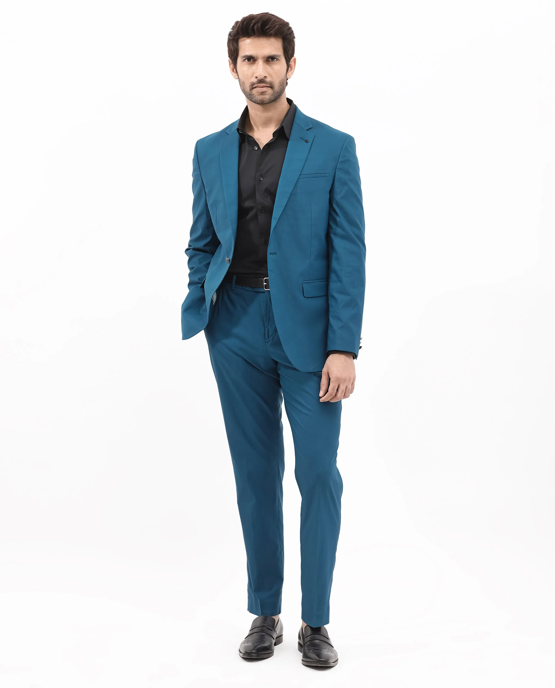 Rare Rabbit Men's Oscar Dark Teal Polyester Plain Tailored Fit Full Sleeve Lapel Neck Suits - Image 2