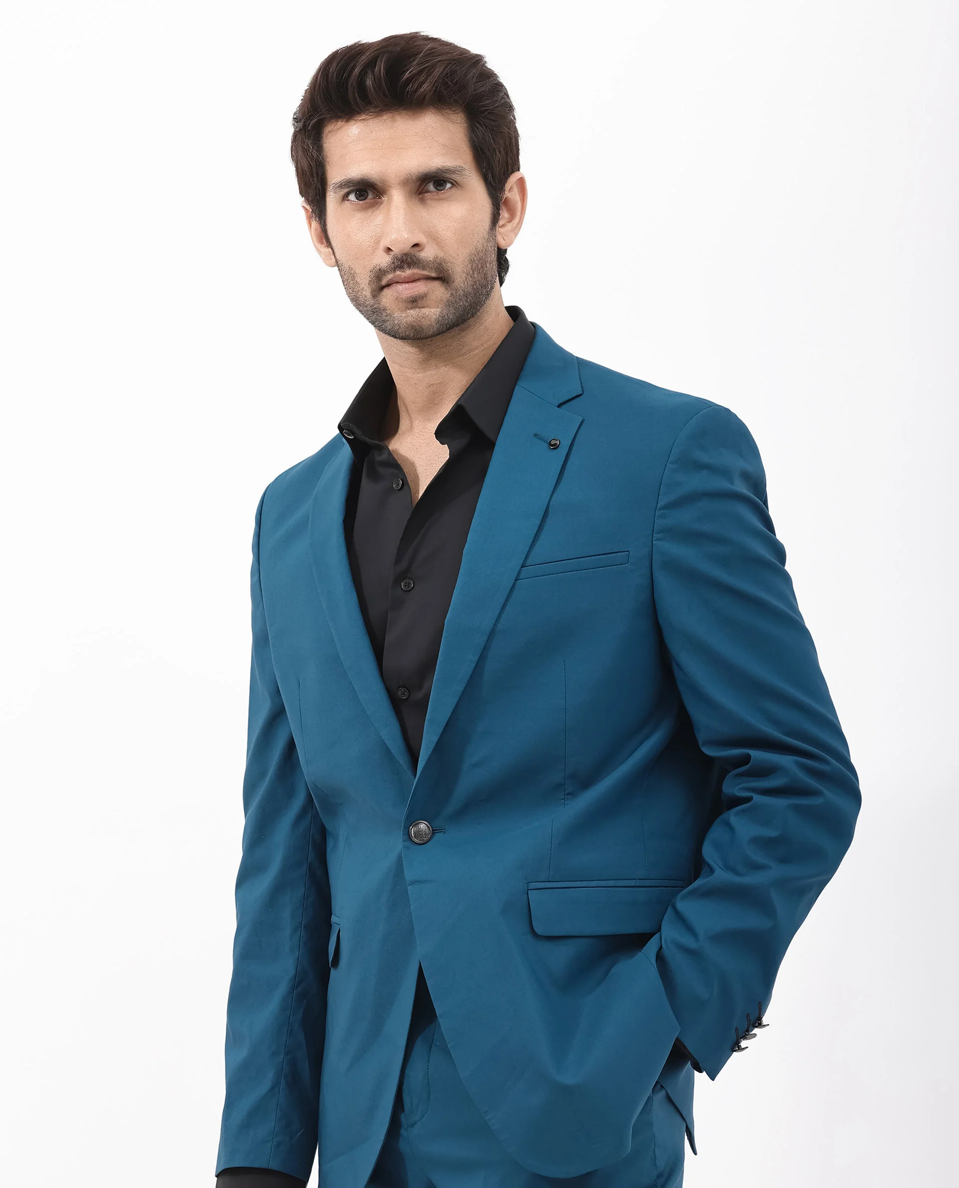 Rare Rabbit Men's Oscar Dark Teal Polyester Plain Tailored Fit Full Sleeve Lapel Neck Suits - Image 3