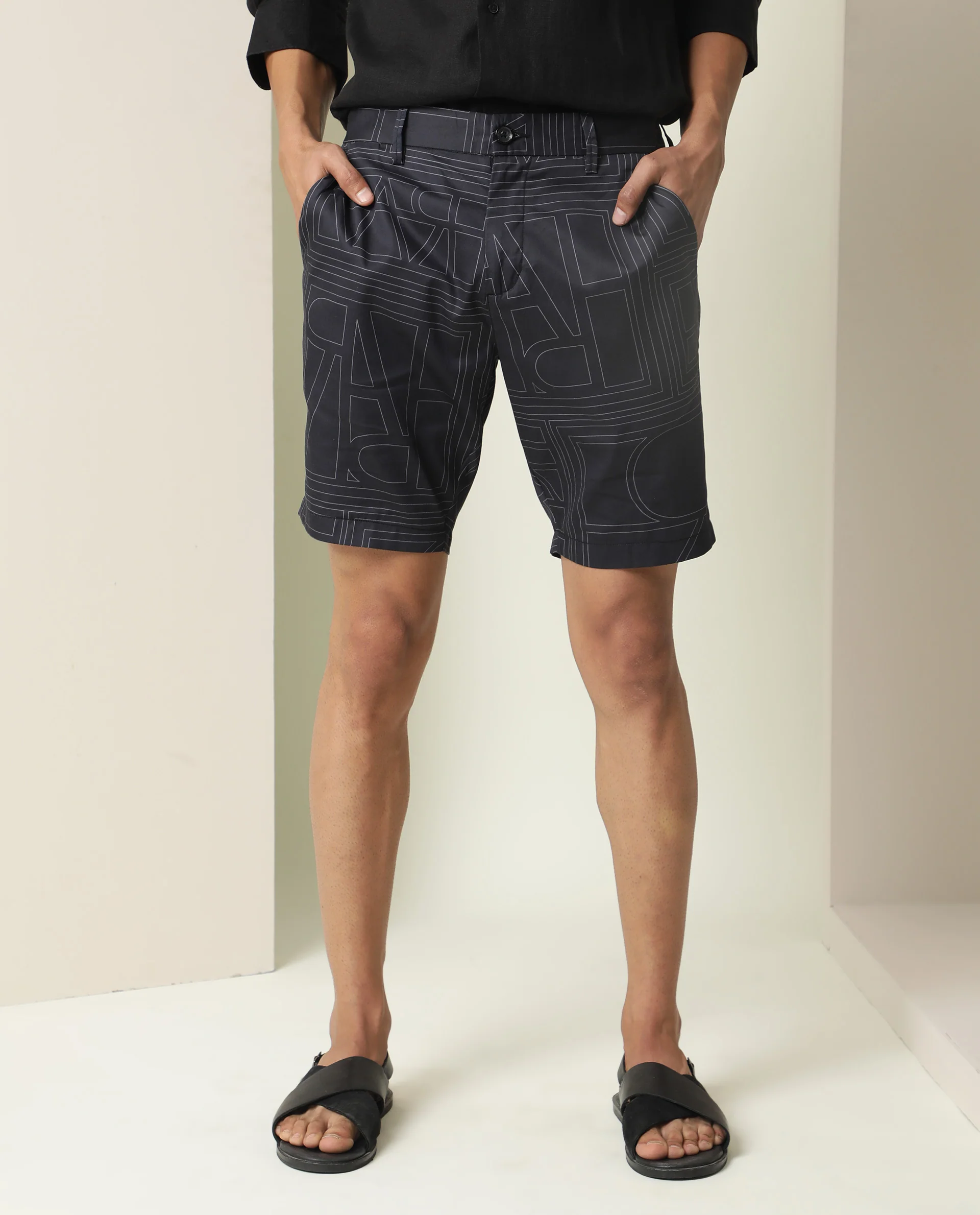 Rare Rabbit Men's Osin Black Cotton Abstract Print Regular Fit Shorts