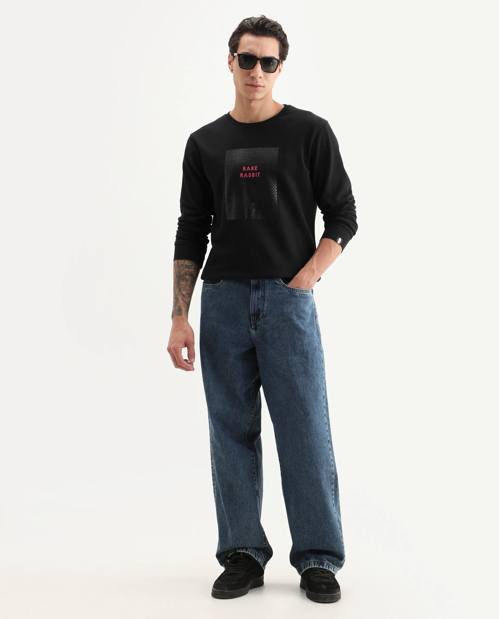 Rare Rabbit Men's Osin Black Cotton Graphic Print Relaxed Fit Full Sleeve Crew Neck Sweatshirt - Image 2