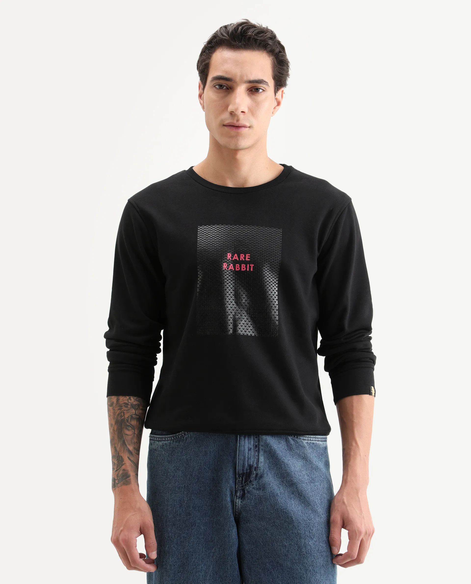 Rare Rabbit Men's Osin Black Cotton Graphic Print Relaxed Fit Full Sleeve Crew Neck Sweatshirt - Image 3