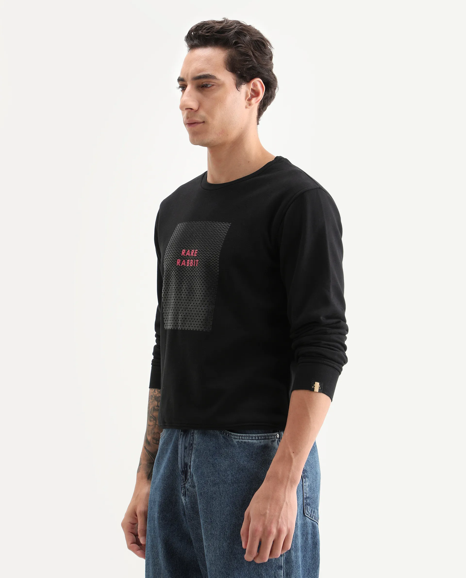 Rare Rabbit Men's Osin Black Cotton Graphic Print Relaxed Fit Full Sleeve Crew Neck Sweatshirt - Image 5