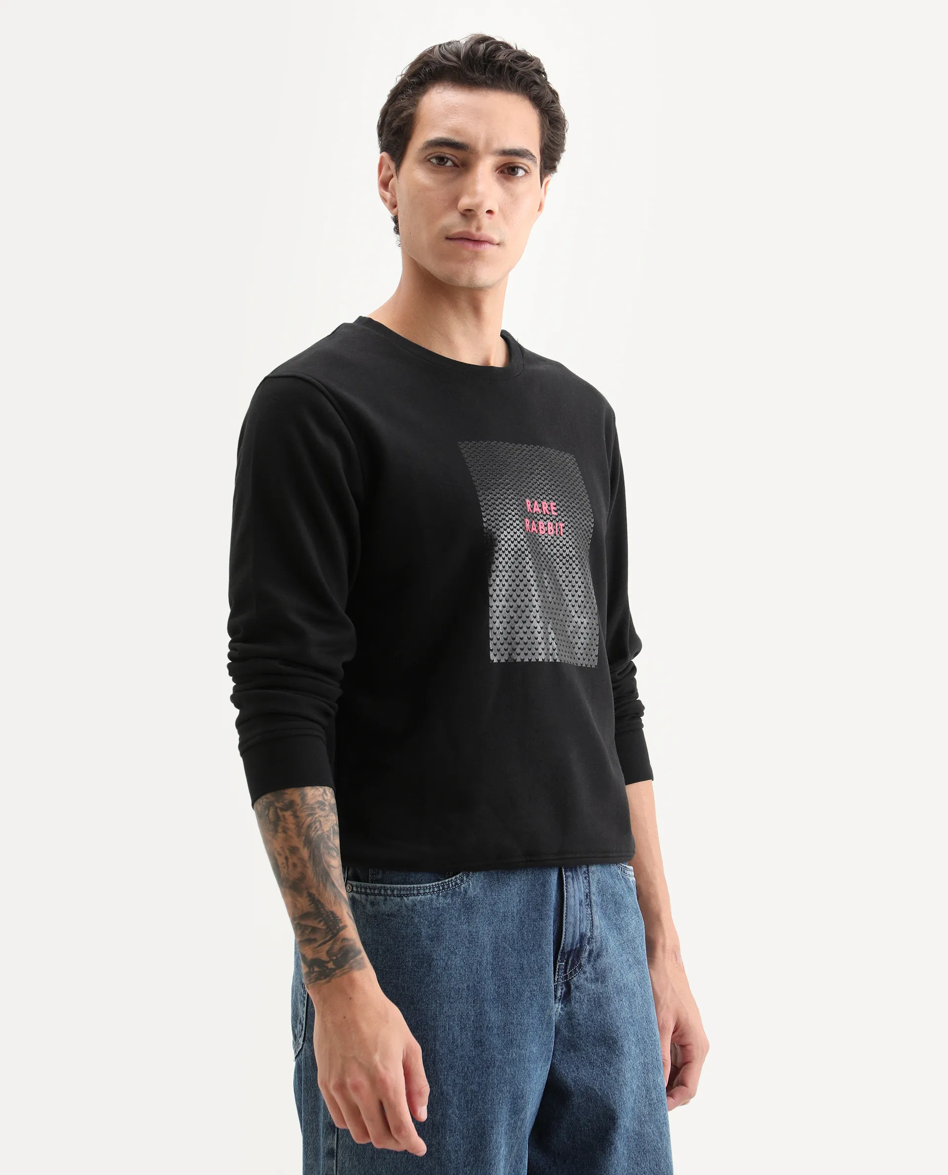 Rare Rabbit Men's Osin Black Cotton Graphic Print Relaxed Fit Full Sleeve Crew Neck Sweatshirt - Image 6