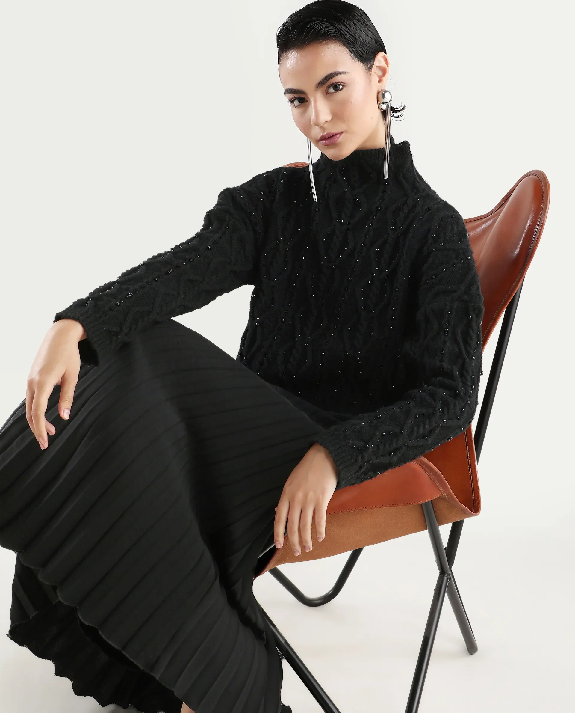 Rareism Women's Osmaniye Black Polyester High Neck Plain Relaxed Fit Sweater