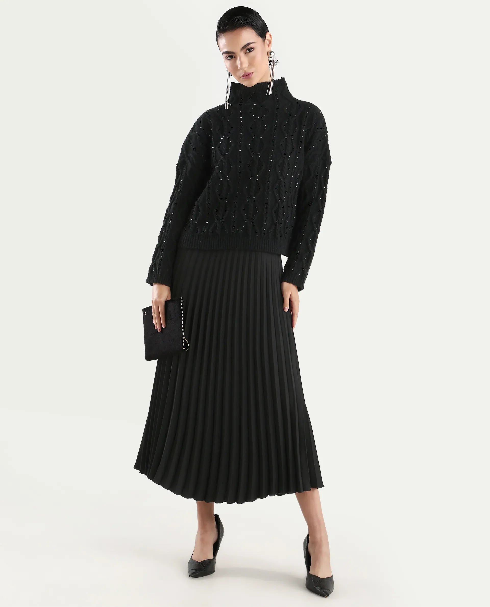 Rareism Women's Osmaniye Black Polyester High Neck Plain Relaxed Fit Sweater - Image 2