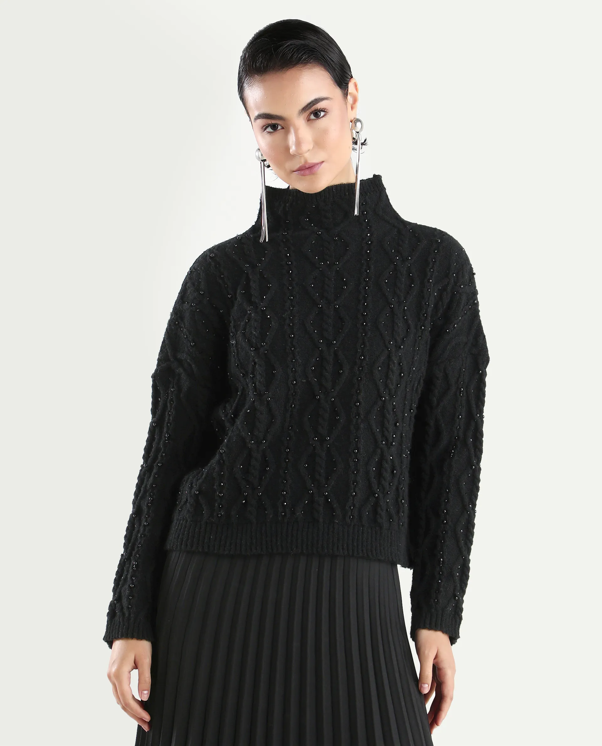 Rareism Women's Osmaniye Black Polyester High Neck Plain Relaxed Fit Sweater - Image 3