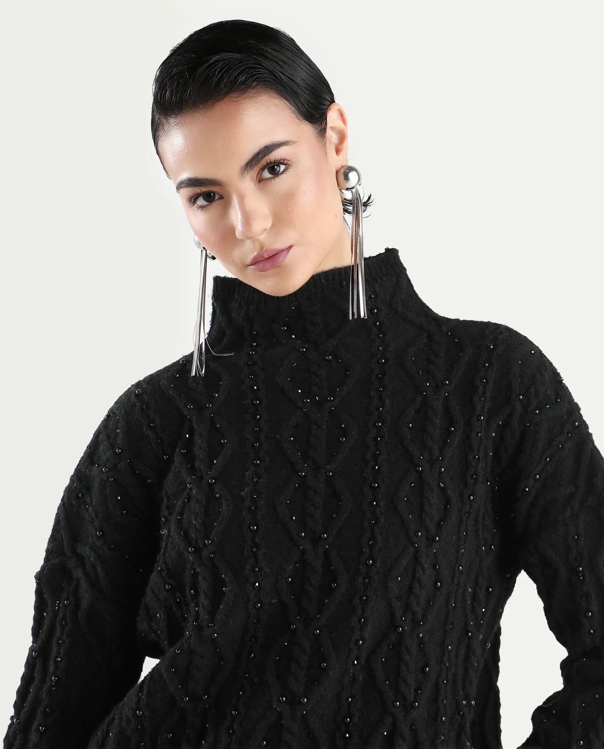 Rareism Women's Osmaniye Black Polyester High Neck Plain Relaxed Fit Sweater - Image 4