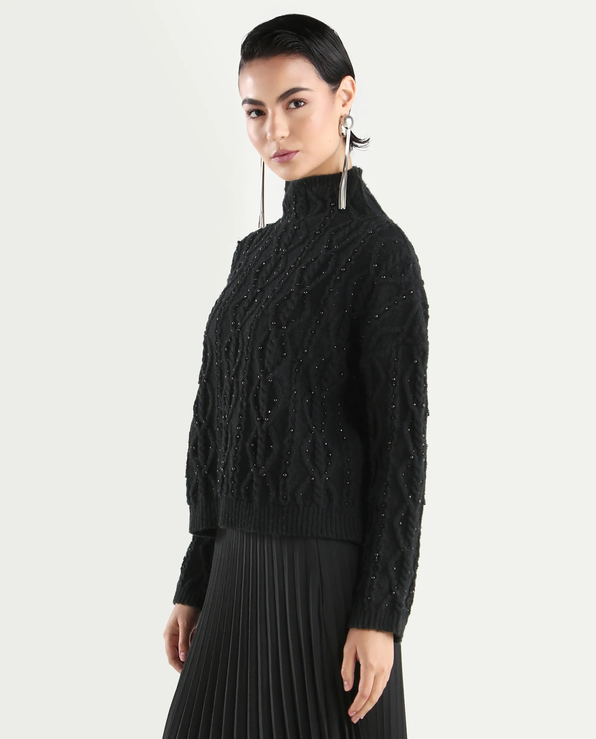 Rareism Women's Osmaniye Black Polyester High Neck Plain Relaxed Fit Sweater - Image 5