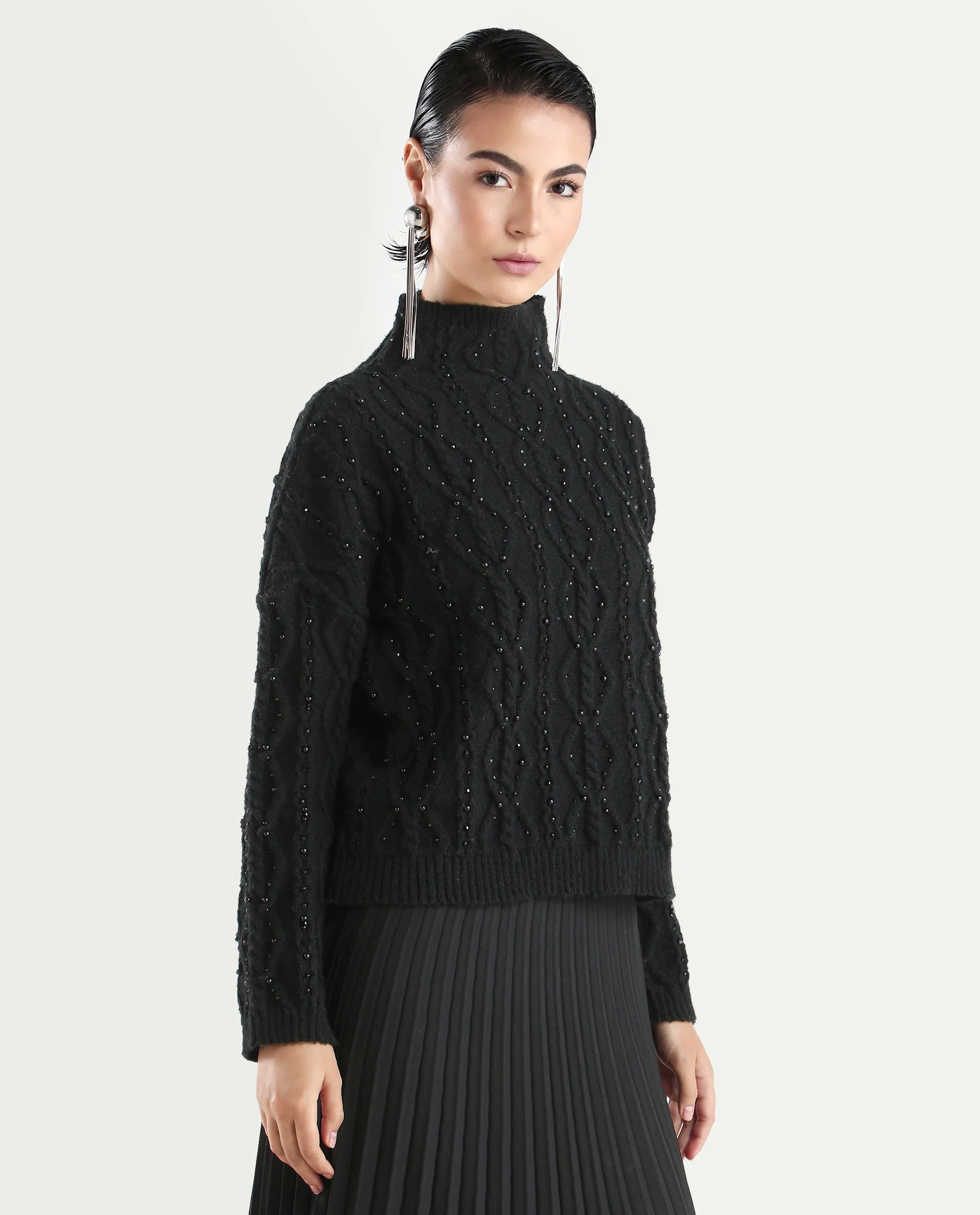 Rareism Women's Osmaniye Black Polyester High Neck Plain Relaxed Fit Sweater - Image 6
