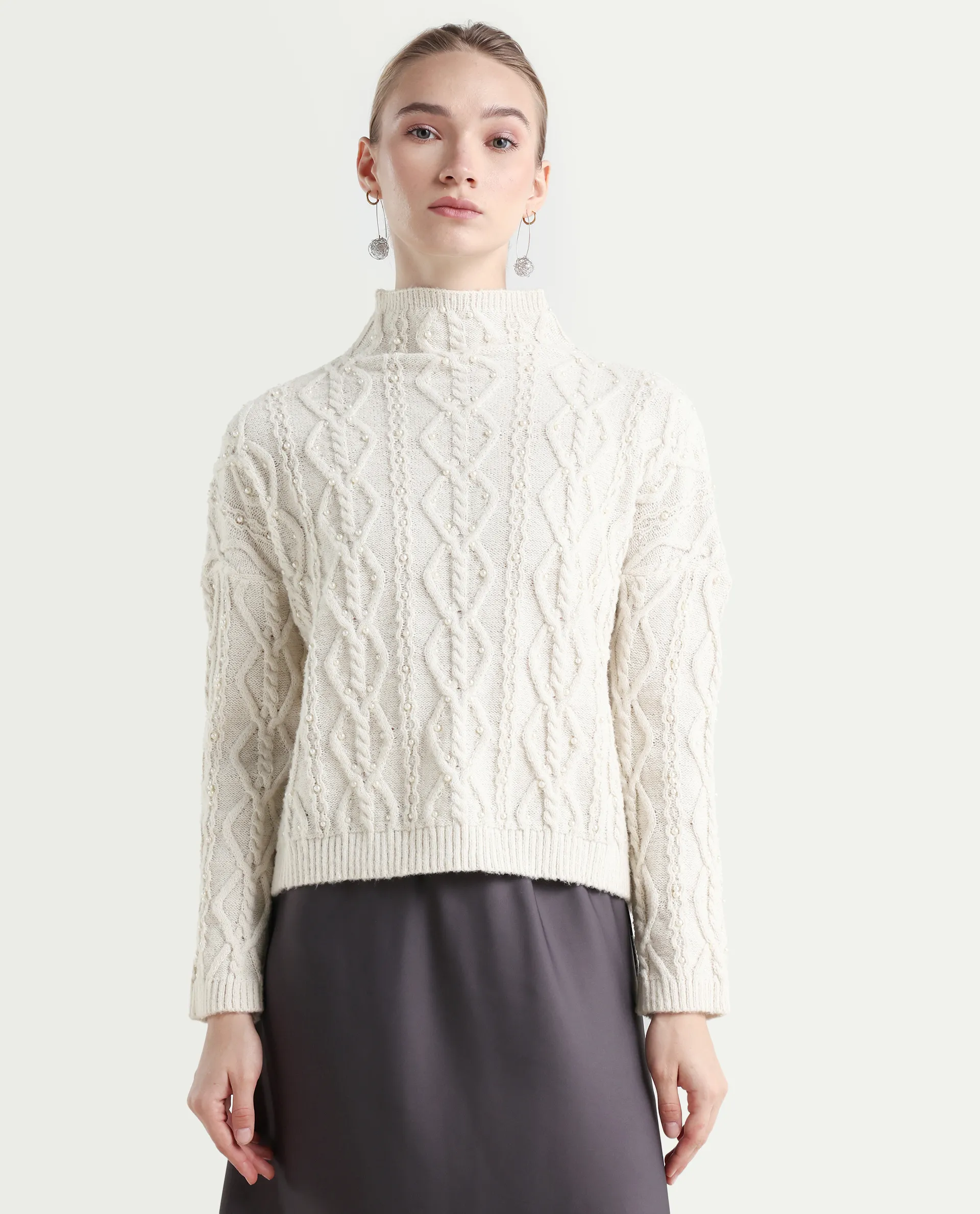 Rareism Women's Polyester High Neck Plain Relaxed Fit Sweater - Image 3