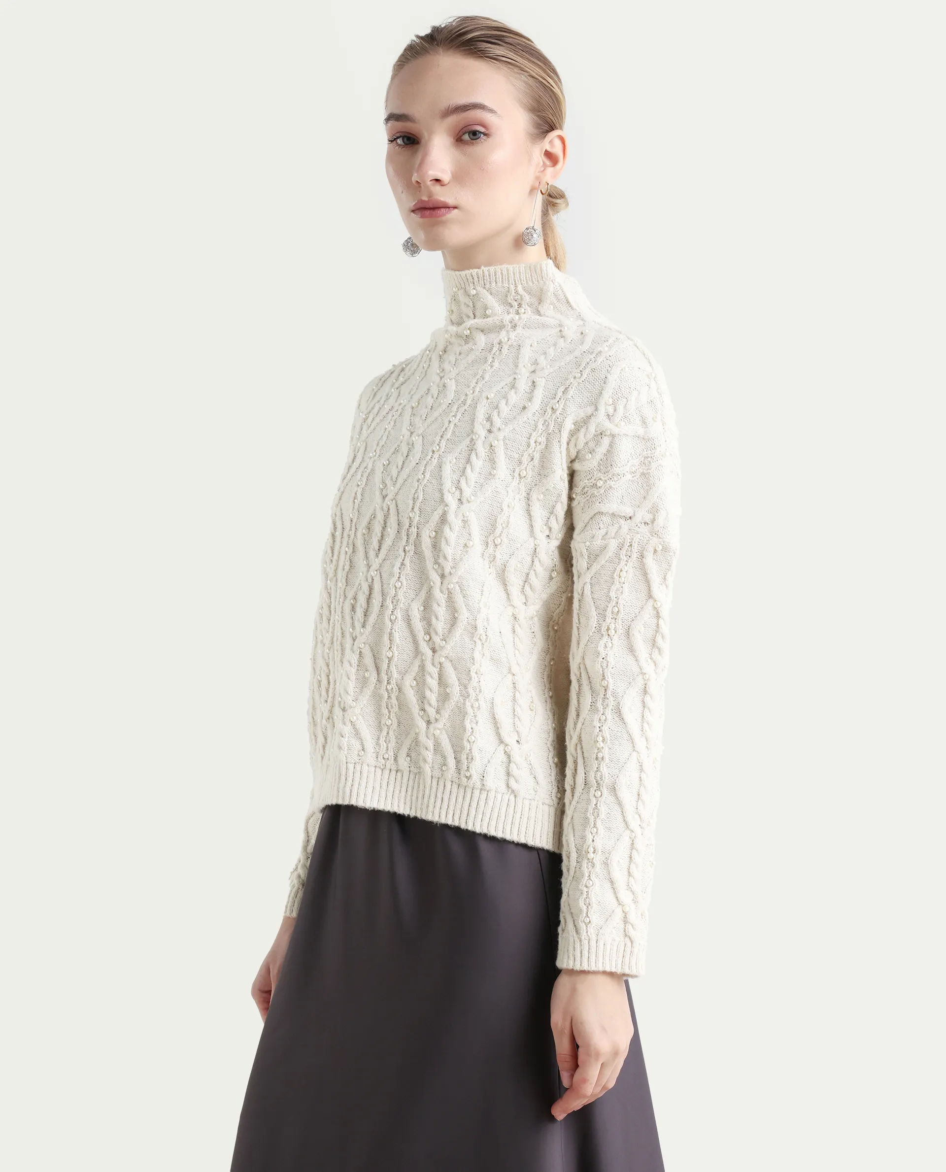 Rareism Women's Polyester High Neck Plain Relaxed Fit Sweater - Image 5