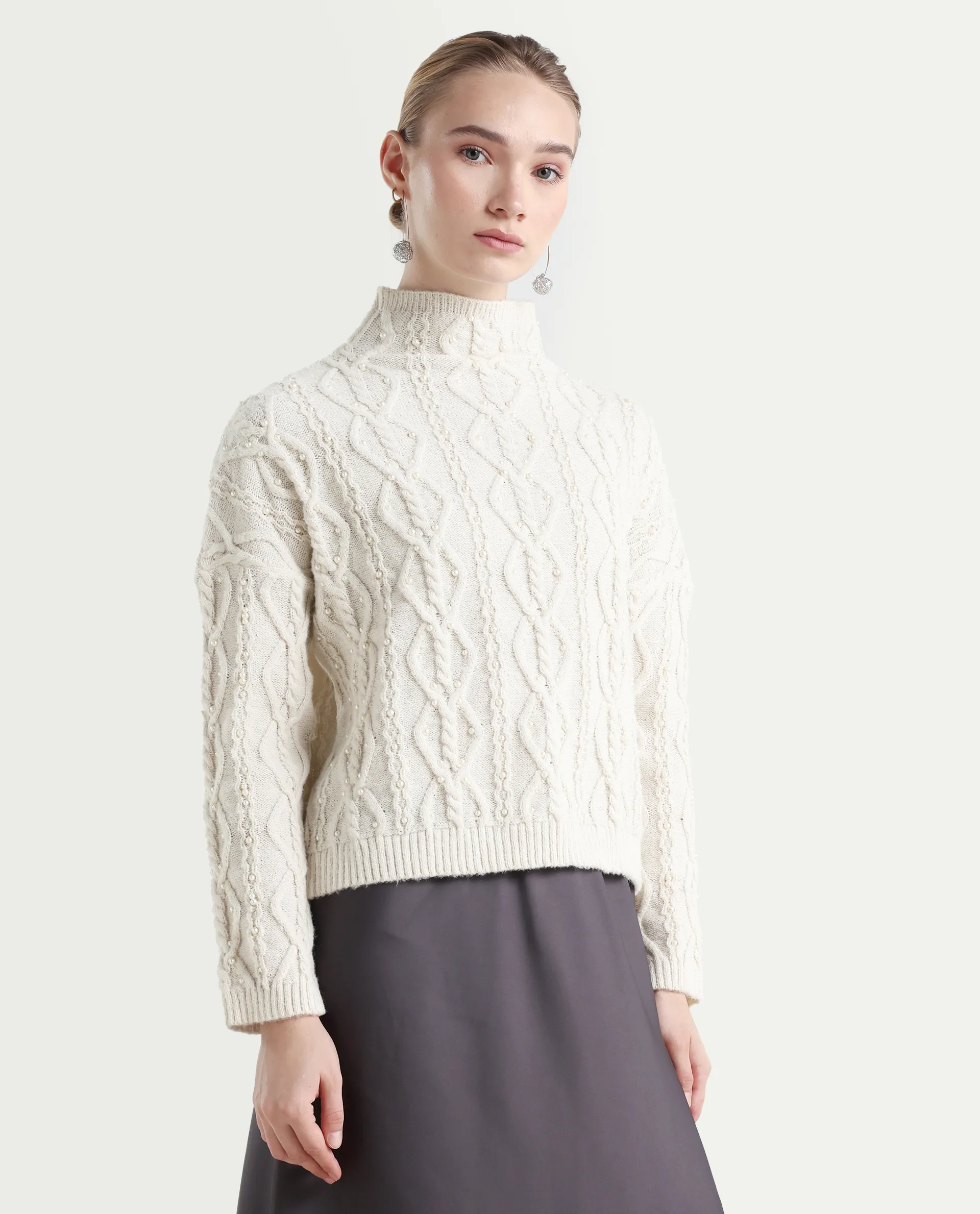 Rareism Women's Polyester High Neck Plain Relaxed Fit Sweater - Image 6