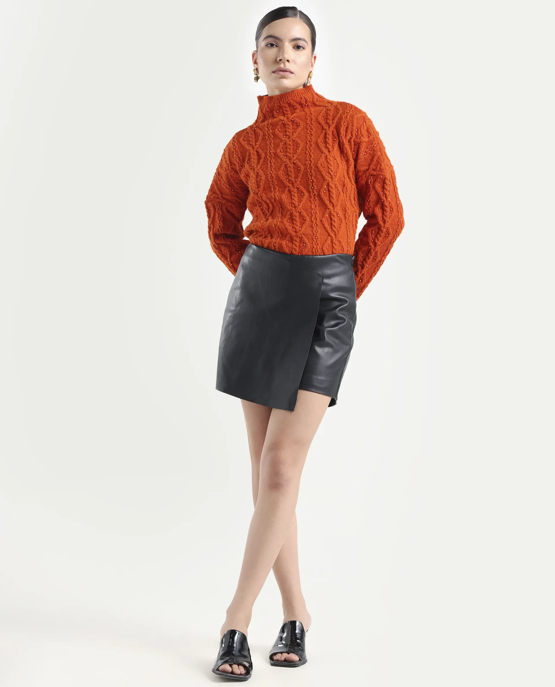 Rareism Women's Osmaniye Rust Polyester High Neck Plain Relaxed Fit Sweater - Image 2