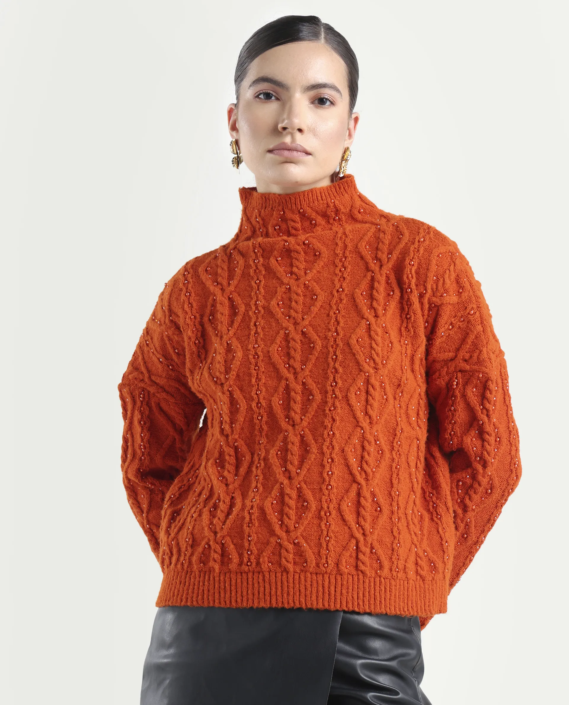 Rareism Women's Osmaniye Rust Polyester High Neck Plain Relaxed Fit Sweater - Image 3