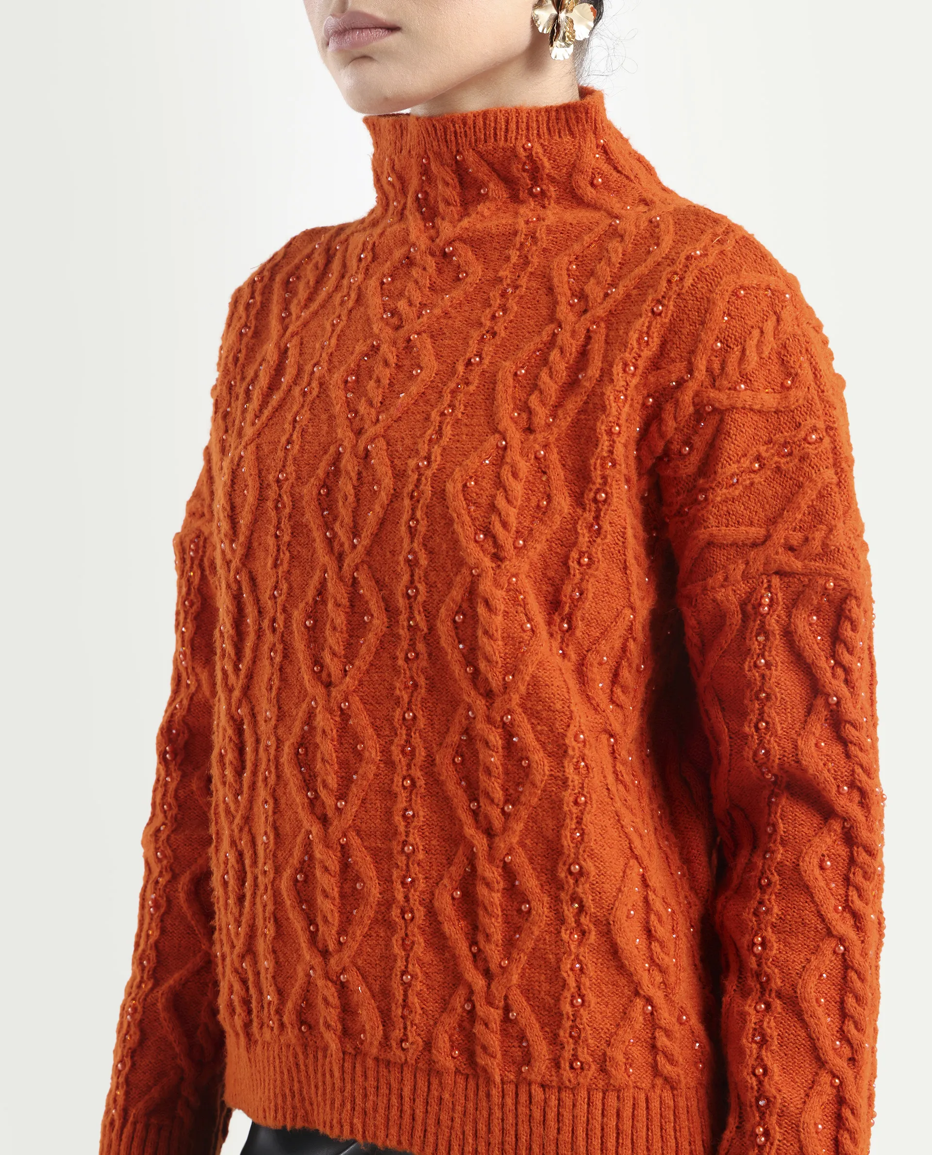 Rareism Women's Osmaniye Rust Polyester High Neck Plain Relaxed Fit Sweater - Image 4