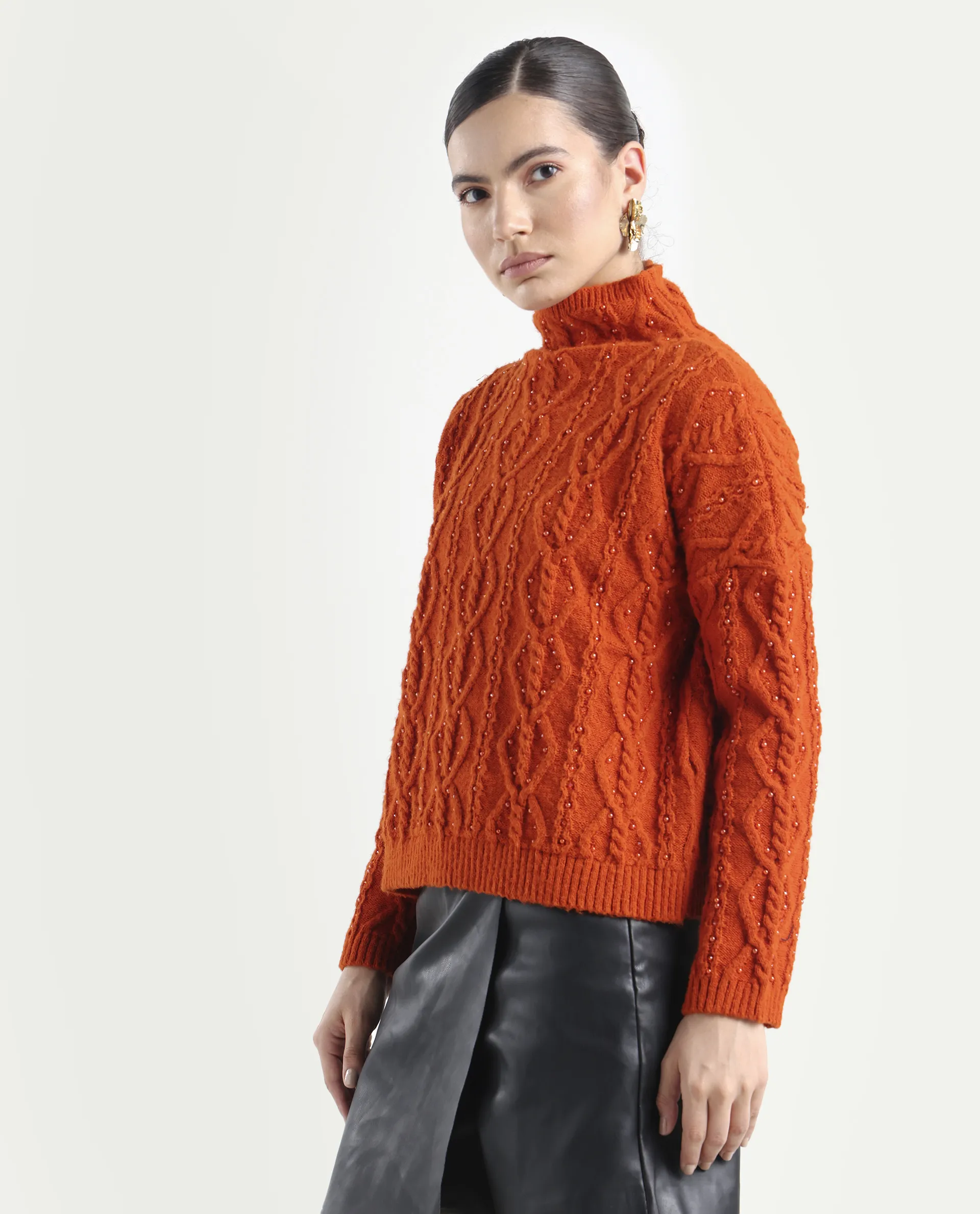 Rareism Women's Osmaniye Rust Polyester High Neck Plain Relaxed Fit Sweater - Image 5