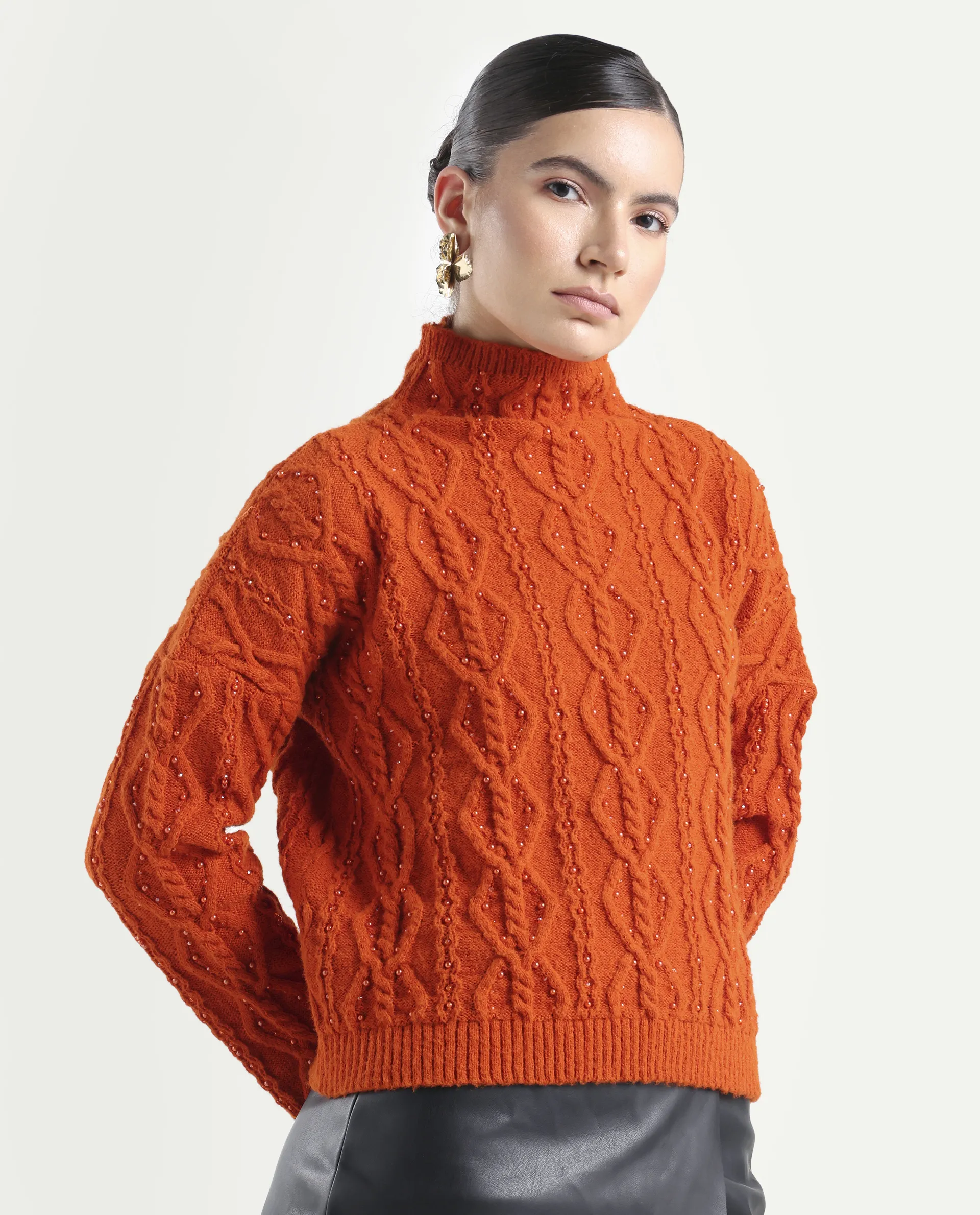 Rareism Women's Osmaniye Rust Polyester High Neck Plain Relaxed Fit Sweater - Image 6