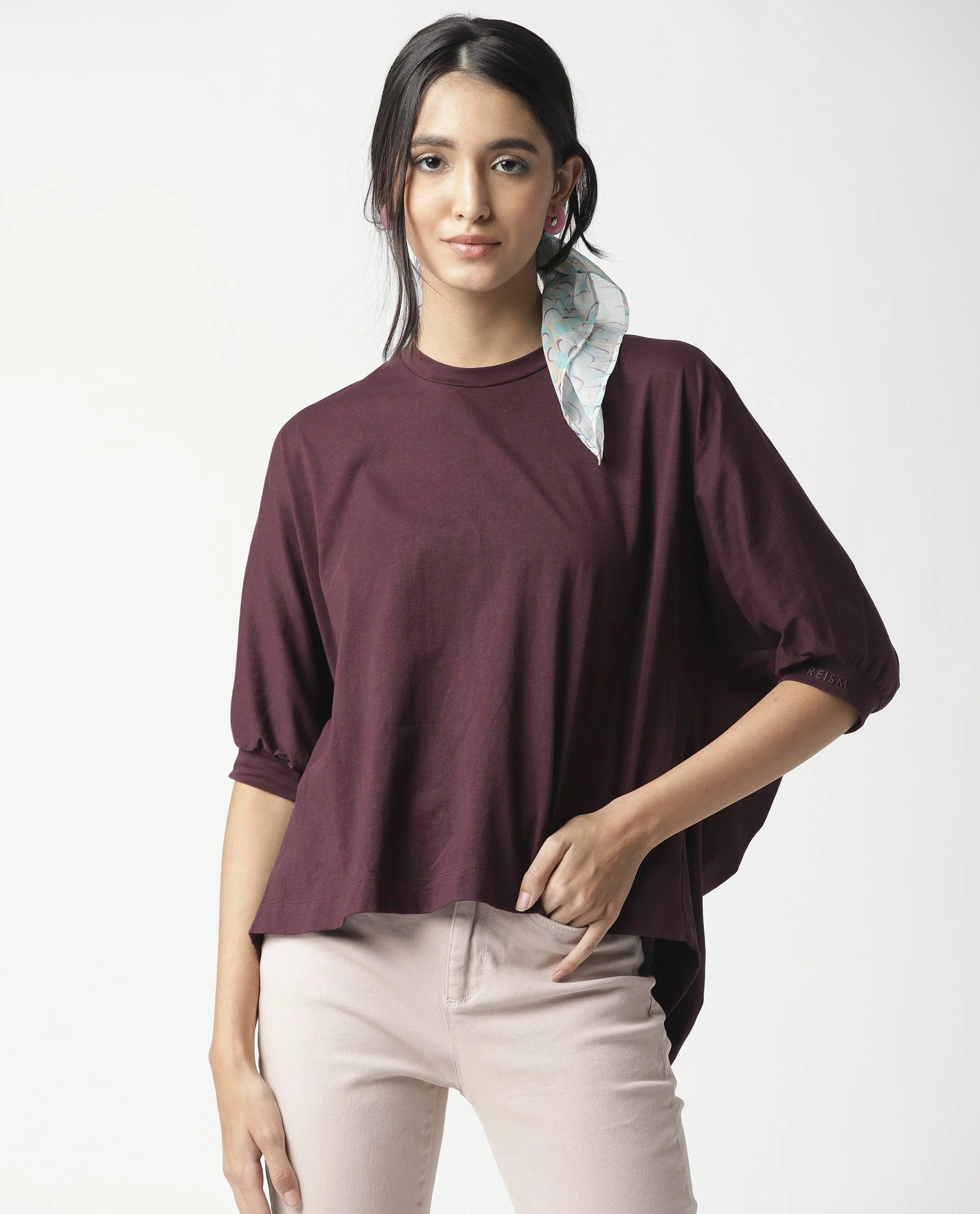 Rareism Womens Osmo Maroon Top Cotton Fabric Regular Fit Volume Sleeve Round Neck - Image 3